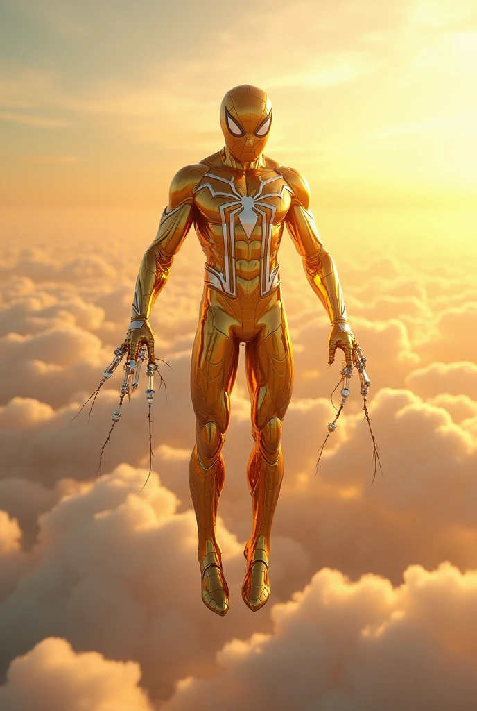 ((White and gold color,)) Spiderman, Precise details, Detailed suit, (white and gold suit), fantasy, dramatic, intricate, elegant, Highly detailed, Digital painting, art station, Concept art, Sharp soft focus, illustration , Art by Gustave Dore, octane, 4k, (cyberpunk:1.4), (only:1.4