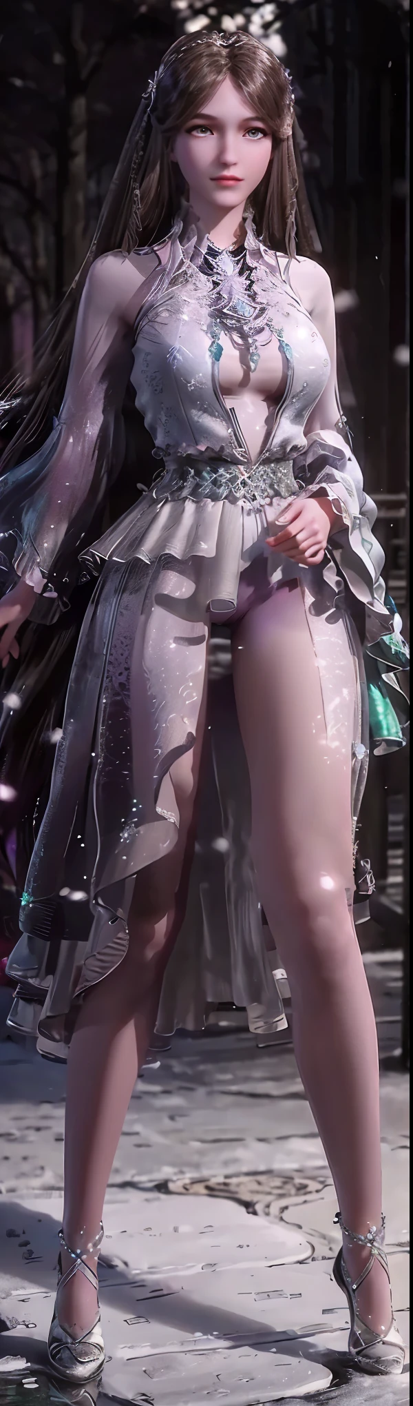 Ultra-realistic 8k CG, flawless, Clean, masterpiece, professional artwork, famous artwork, Cinema lighting, bloom, perfect face, pretty face, fantasy, dreamlike, illusory, Science fiction, lace, lace trim, lace-trimmed legwear, luxurious, jewelry, diamond, Kaneko, pearl, gem, 蓝gem, 红gem, emerald, intricate details, Exquisite pattern, charming, Tempting, Tempting, disciple, enchanting, hair accessories, necklace, earrings, bracelet, armband,halo,autumn, ((,1 girl, Throw,best quality, )) , (1 girl, alone,outdoor, big breasts,,snowflakes, snow, snowing, plum bossom, ), (standing with seductive natural pose:1.4), (((Remove all painted parts, remove all highlighted parts, remove all extra hands)))