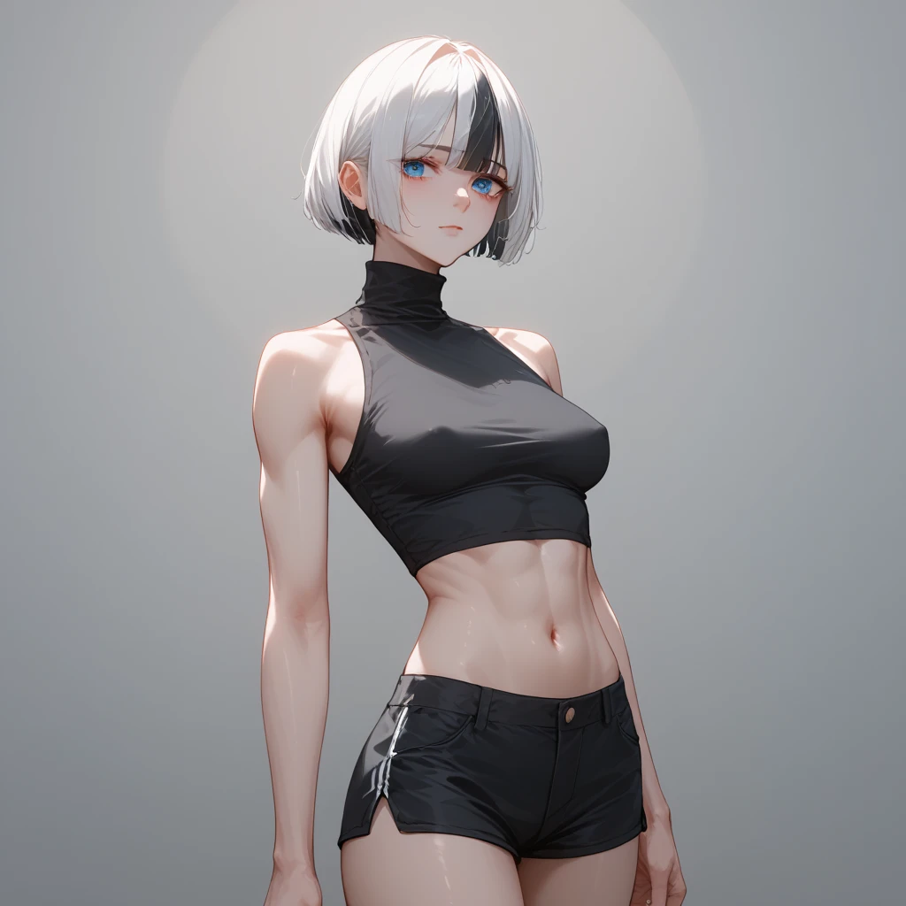 androgynous character, short white hair, shaved side hair, cute face, blue eyes, big eyes, dark circles, freckles, pale skin, very thin, very slender, flat breasts, straight breasts, thin waist, skinny legs, thin legs, long legs , separated thighs, black crop top, cotton micro shorts, long socks, walking in a dark alley, cinematic lighting, night
