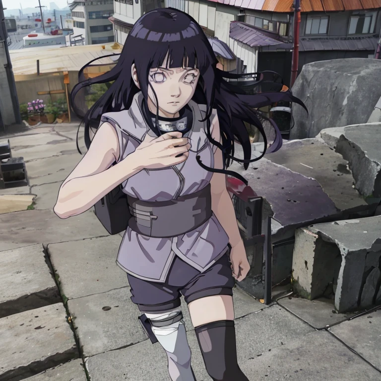 YUUGAO,1GIRL,SOLO,PURPLE HAIR, BROWN EYES, LONG HAIR,SIDELOCKS, CLOSED GREEN VEST,HIGH COLLAR,GREY ARM GUARDS,BLACK ELBOW GLOVES,BLACK SHIRT, SLEEVELESS,TURTLENECK,BLACK PANTS, BLACK TOELESS BOOTS, 1girl, solo, detailed face, detailed eyes, detailed hair