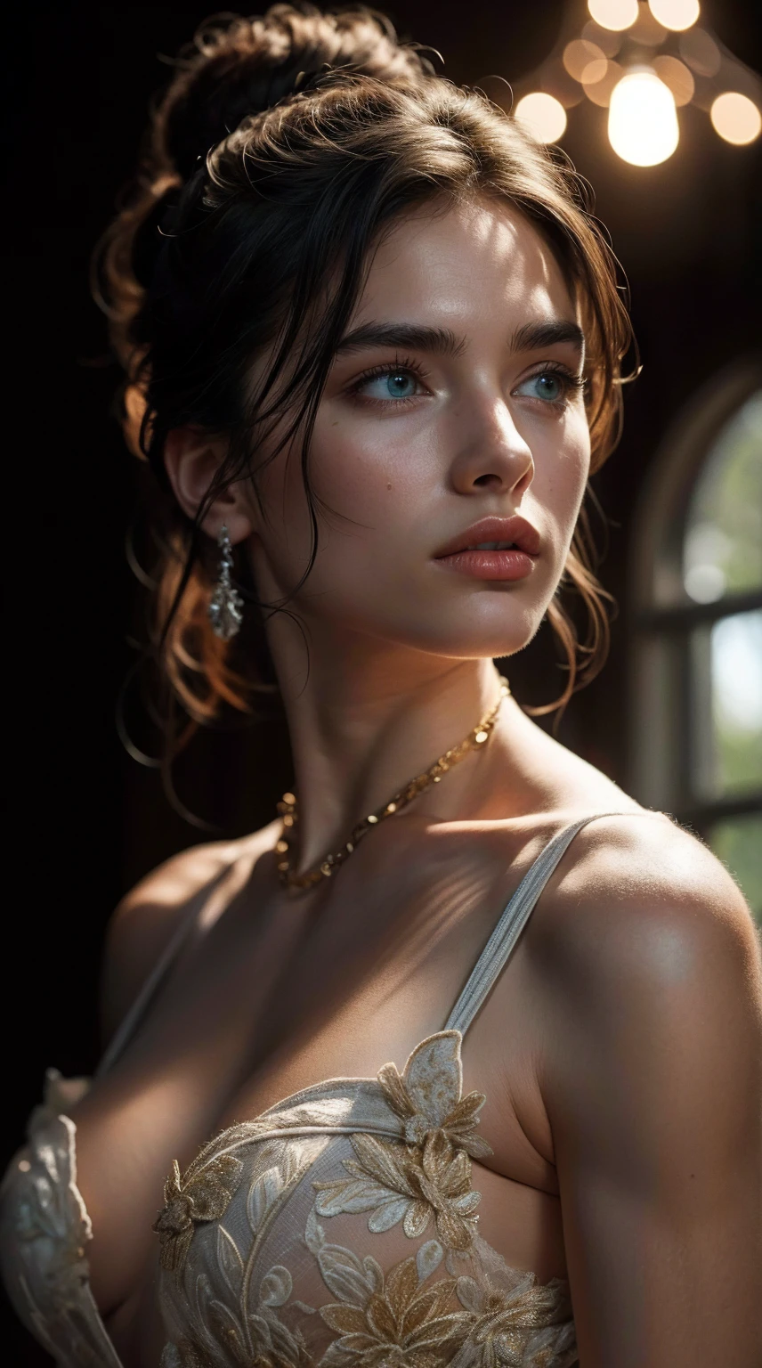 Intense girl portrait, lot of pearls on neck and chest, contrast, light, shadows