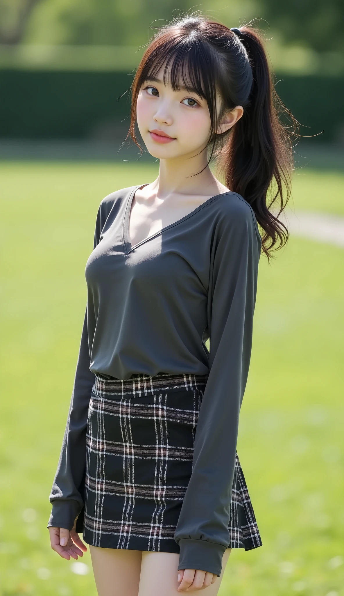 Masterpiece, nsfw,8k,( tidy 1 Girl , slender body, short body, flat chest,Narrow shoulders width, Wide pelvis, Small Ass, thick curvy thighs , taken from below ),( age Japanese girl , 154 cm tall , yellow-white skin), above the head,Knee, head tilt, black hair, straight short ponytail with bangs ,( beautiful faces, super cool face , hazel eyes, Affectionate ),
wearing a long sleeve deep-v-neck tight t-shirt , Sleeves are black, Body is charcoal gray, black tartan check tight mini skirt,on grass,sunny day
85mm , Official AR RAW photos ,( realistic, more details ), top quality, chromatic aberration is anatomically correct , Textured Skin