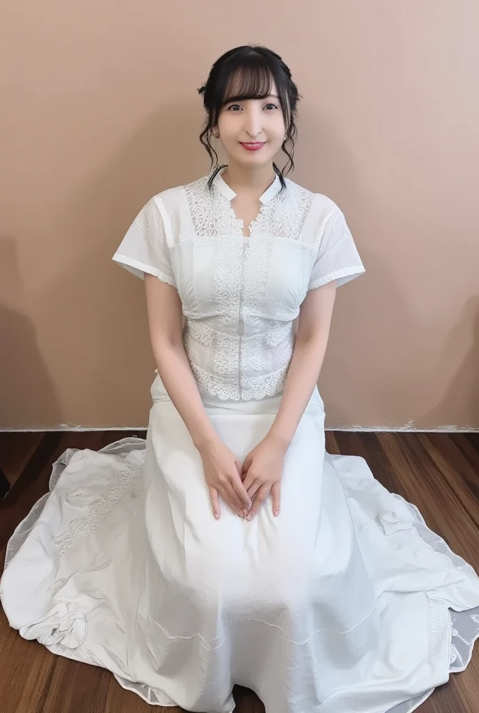 ((Highest quality)), ((8k)), ((masterpiece:1.3)), (Perfect appearance), (Photorealism:1.2), ((Standing in a love hotel)), (Light bulb color lighting:1.4), Japanese women, (40 years old), Married women, ((High quality skin texture1.4)), Moisturized Skin, (Perfect Makeup:1.2), double eyelid, Long Hair, hair slicked back, ponytail、Plain T-shirt, Flared long skirt, Smiling Kindly, (Stand with your legs shoulder-width apart), High heels,