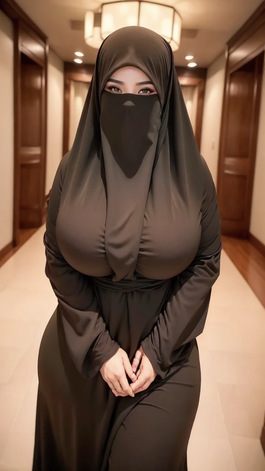  a beautiful young woman hijab, (((super big breast))), (very big breast covered) perfect face, (((very huge big breast,))), ((( Big Breast))) long sexy dress muslim, (((covering mouth, long veil))), Slim Face、27 years old, stil young, Pretty Lady,  smile eyes, sleep in bedroom, stand up, high heels, (big breast tight covered) , see full body image