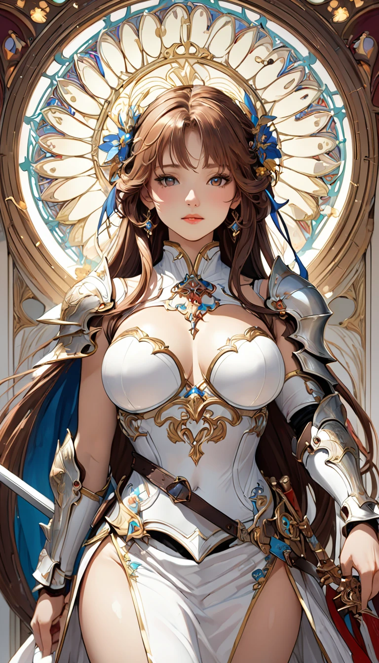 (masterpiece), best quality, beautiful detailed hair detailed face, ultra high res, sharp focus, ((1 woman, solo)), (warm pastel color), high saturation, perfect feminine face, upper body, medium close-up, dutch angle (at the night time:1.5), fantasy theme, in the meadow, ((beautiful shape eyes, green eyes)), chesnut brown hair, long hair, look at the viewer, serious face, facing to the viewer, (bikini armor:1.2)
