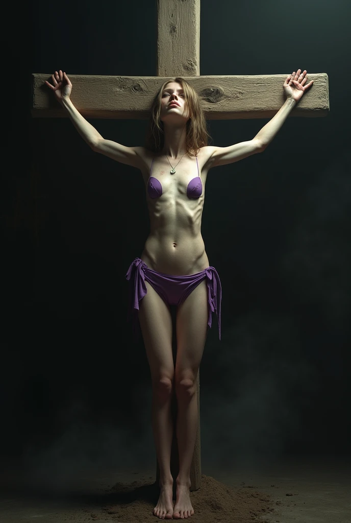 bloody scenery,during crucification, crucified body, crucifixion scene, hanging on a normal wooden cross, with whole body and an anatomically correct body, Blood on the body, absolutely perfect face, a 16-year-old. wunderschöne Red-Hairede nackte junge Frau , beautiful detaileld face, perfect face, perfect full body, perfect hands and feet, perfect anatomy, Red-Haired (Christa Theret: 1.3), ( Alexia Fast: 1.3),,Highly detailed youthful face, proporções perfeitas, ((red hair)), curly hair, Very detailed, large breasts,16K, HDR, broad light, high contrast, keen focus, RAW color photo, typical earrings, full body view, wide angle view, masterpiece, perfect nude, full body with legs, painful face, bloody body, very simple wooden cross, outdoor, simple backdrop