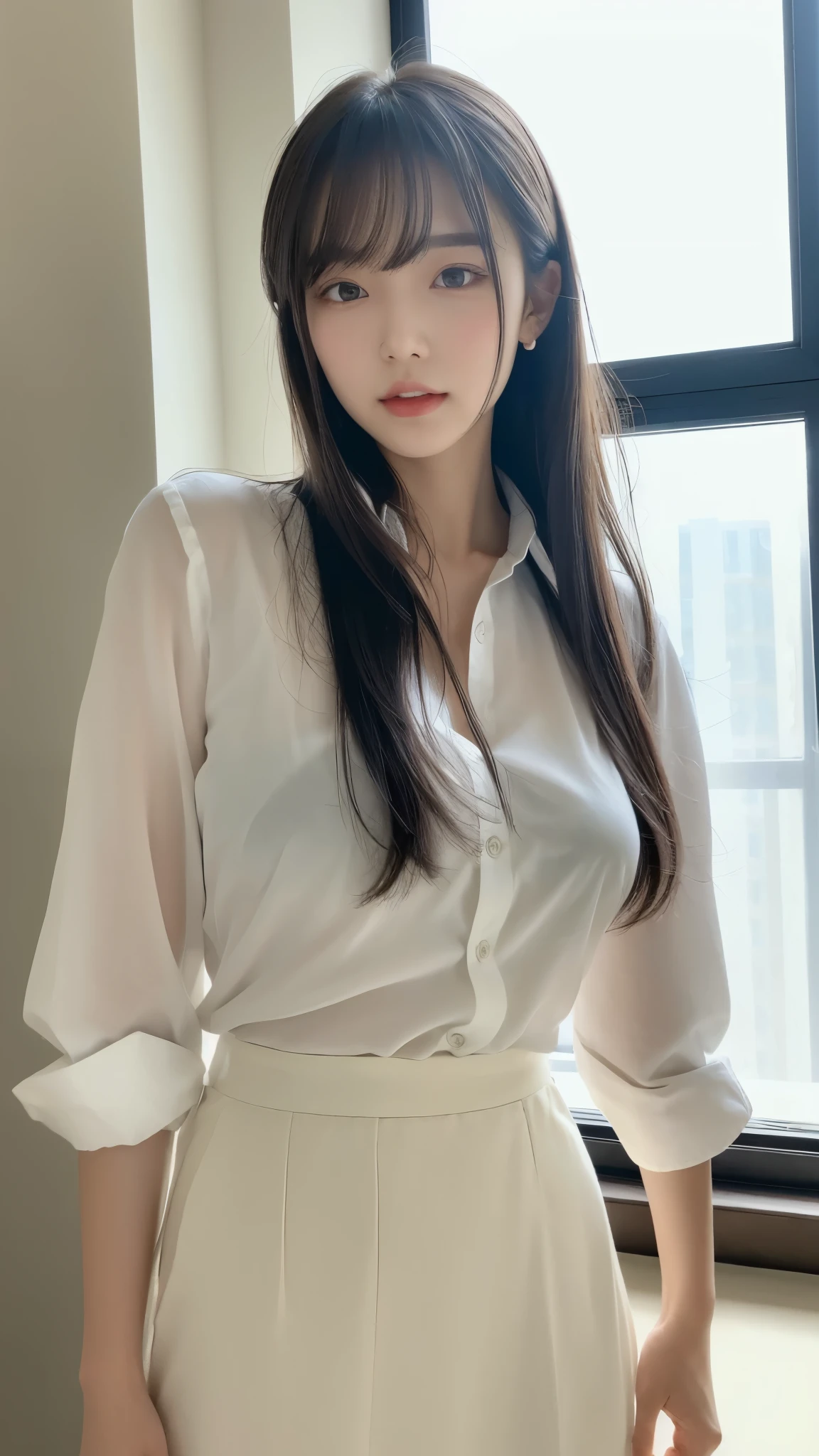 ((最 High Quality , 8k, masterpiece :1.3)), (( Super Big Breasts )), (((whole body)))、 black hair,OL、((secretary))、Office Background、 standing、 dull bangs, hair behind the ear , hair hanging over shoulders, long hair, Ultra Fine Face, Thin face, Delicate lips, beautiful eyes, Light blush,Perfect glowing skin, perfect skin, Shining Sweat,Look here, white Y shirt、 black skirt、No accessories、 first-person view, Super Details , High Quality , 最 High Quality , high resolution