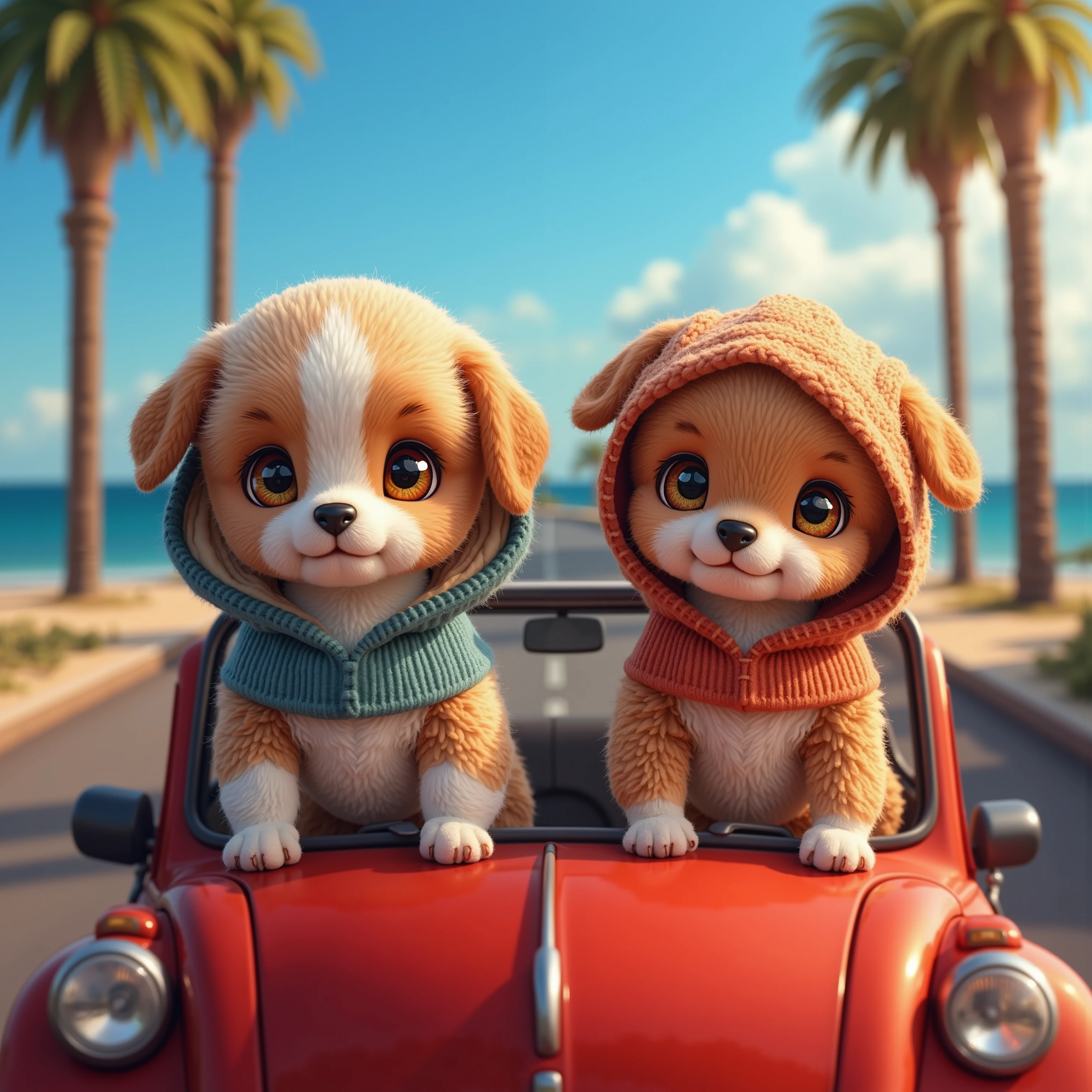 dog drawn in size 25,2 adorable babys ,Puppies in cars ,Red car, blue sky,Detailed and realistic coat , Puppies wearing hoodies ,The background is a road by the sea, Realistic dogs with palm trees planted standing on 2 legs , eyes are like beautiful marbles