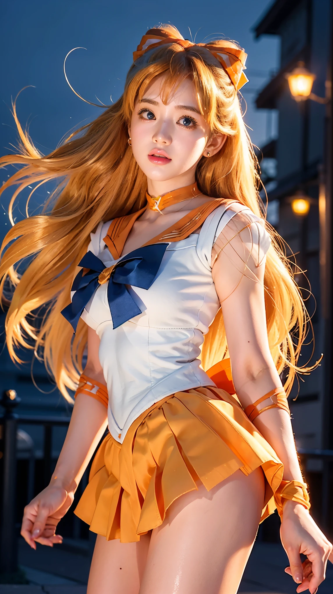 Create a highly detailed image of a character inspired by Sailor Venus from the Sailor Moon series. She is standing confidently, showcasing her iconic sailor scout uniform. The uniform includes a pristine white bodice with a large, vibrant orange bow at the chest, and a orange collar adorned with white stripes. Her skirt is a bright yellow, pleated and flowing. Instead of her usual white socks, she is wearing elegant, sheer black stockings that highlight her legs and add a sophisticated touch to her outfit. She also wears white gloves that extend to her elbows, each accented with a small orange bow. Her long, flowing blonde hair is styled with a prominent red bow on top. She has striking blue eyes, a confident smile, and her signature red bow earrings. The background features a vivid night sky filled with twinkling stars and a crescent moon, enhancing the magical and celestial theme of the series. The overall style should emphasize the details of her outfit, making it the focal point of the image.