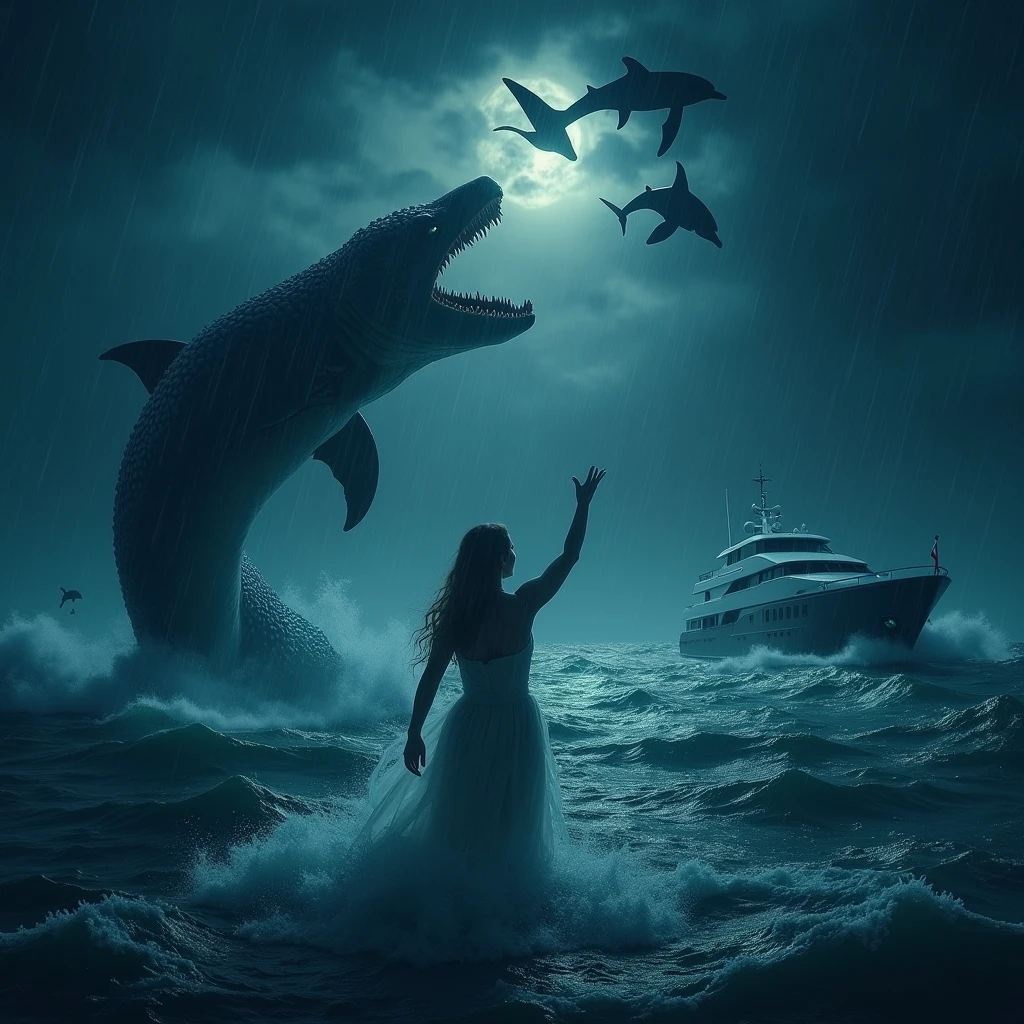 A beautiful young teen singing in a live storm on a dolphin. there is a ship on the back side. one shark try to attack .Thunder .a volcano. a helicopter. a submarine