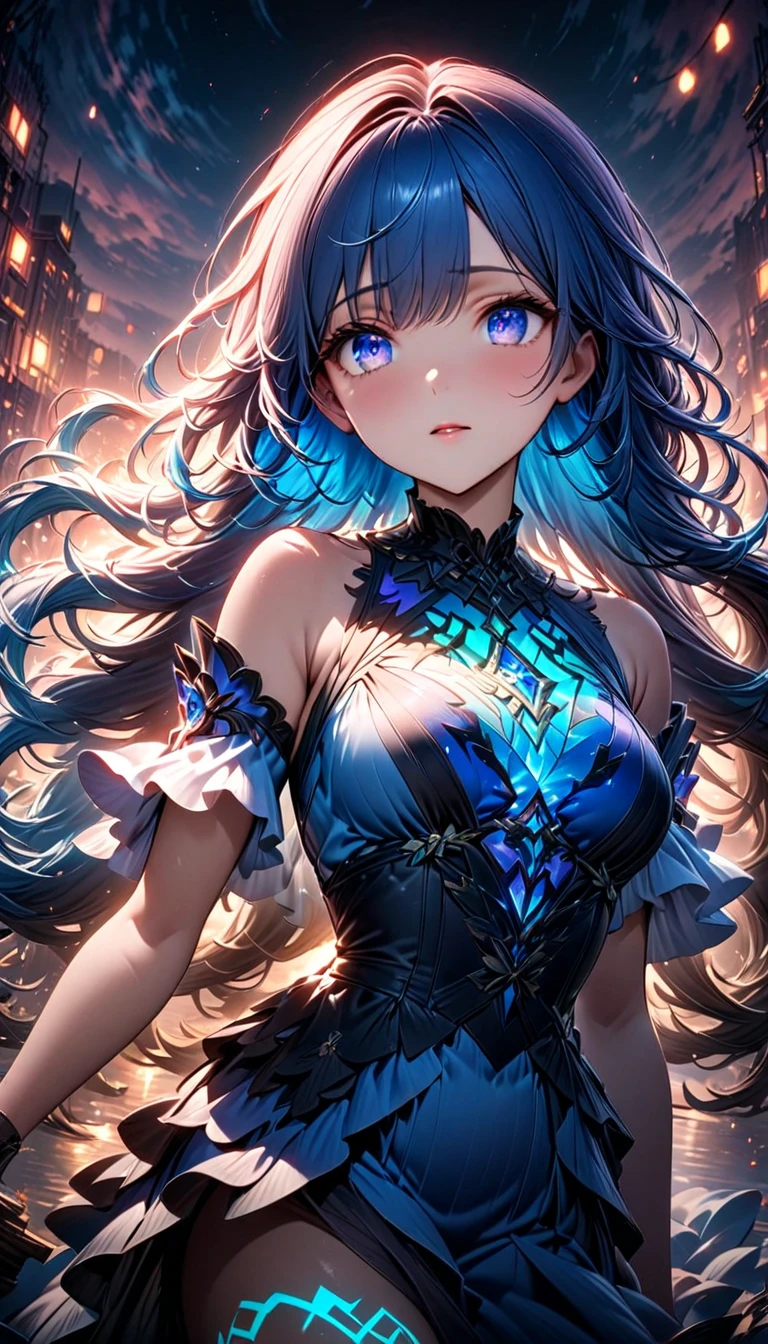 ( absurd , high quality , Super detailed, Be careful with your hands )Constellation-Sagittarius Goddess , similar to latin goodness . optimistic, fair, Funny and intelligent face . reckless, ruthless, impatient, Overconfident style . Deep blue eyes (Eye details) , Dark blue hair，shining , Sheer dress , In the starry sea , whole body , Fire , Chiron, Octane Render