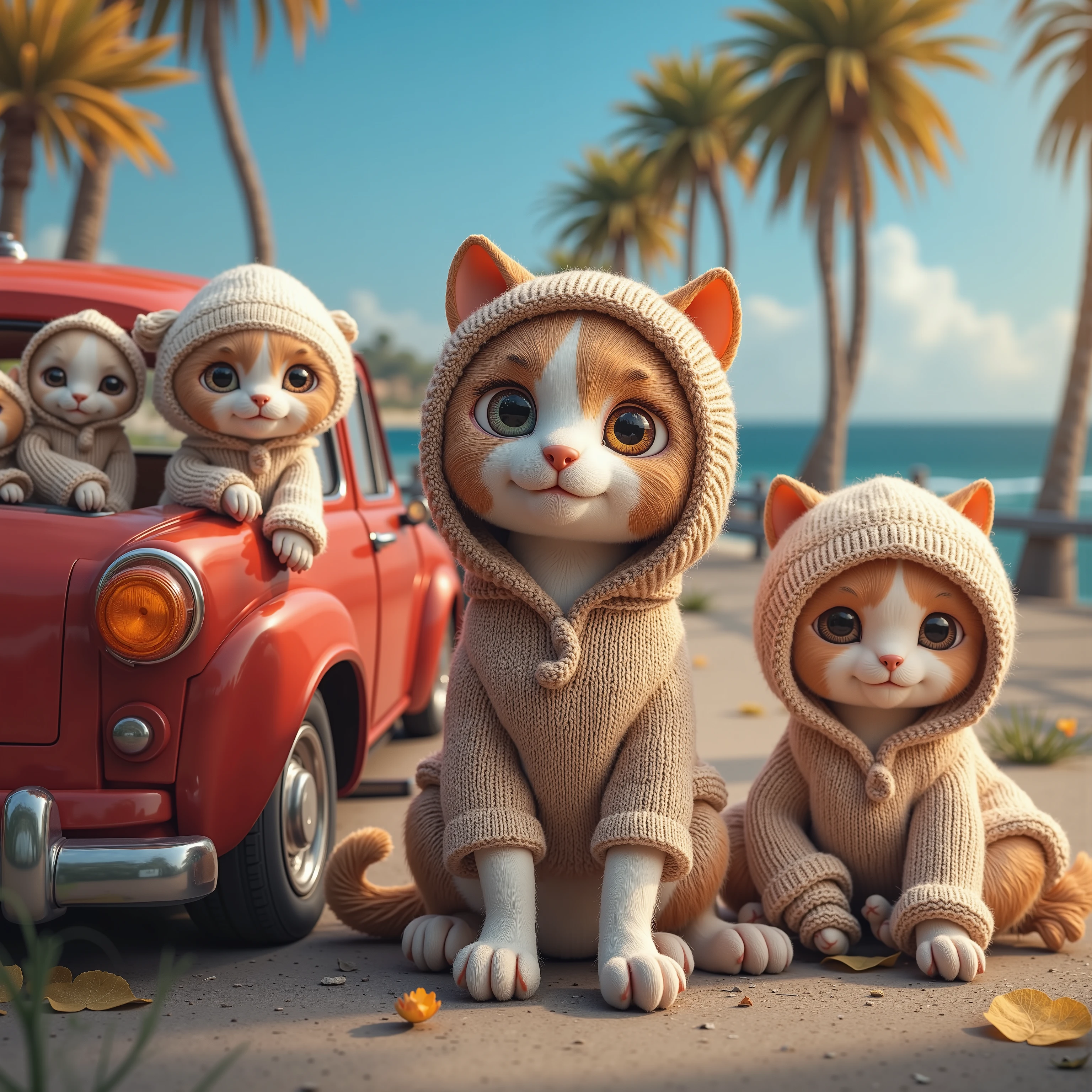 cats drawn in size 25 adorable babys,Puppies in cars ,Red car, blue sky,Detailed and realistic coat , Puppies wearing hoodies ,The background is a road by the sea, realistic dog standing on 2 legs with palm trees planted, eyes are like beautiful marbles
