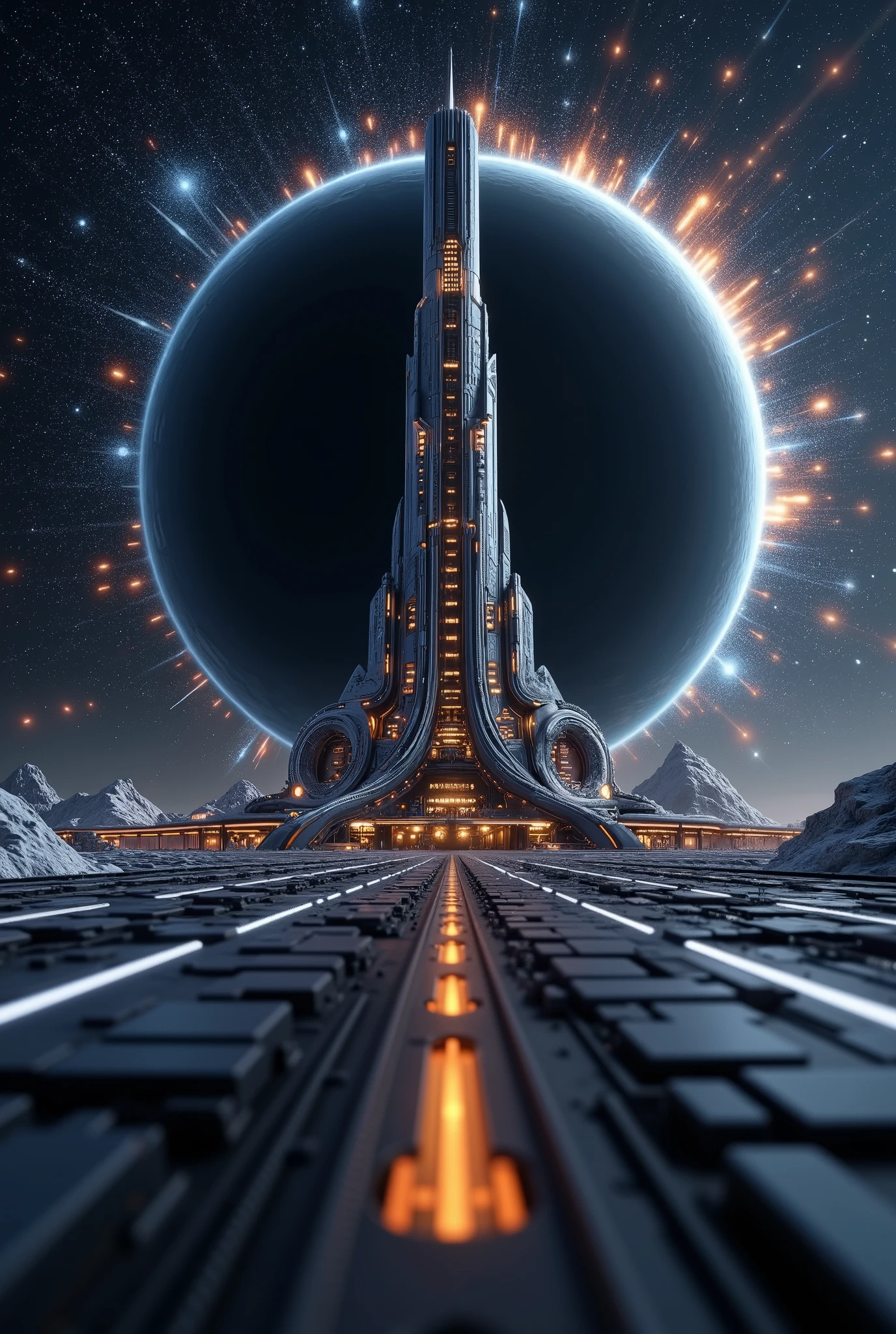 A futuristic cylindrical space colony floating in the vastness of space, with a large black hole in the background surrounded by twinkling stars. The design should reflect advanced technology, showcasing sleek lines and glowing elements that emphasize its futuristic nature.