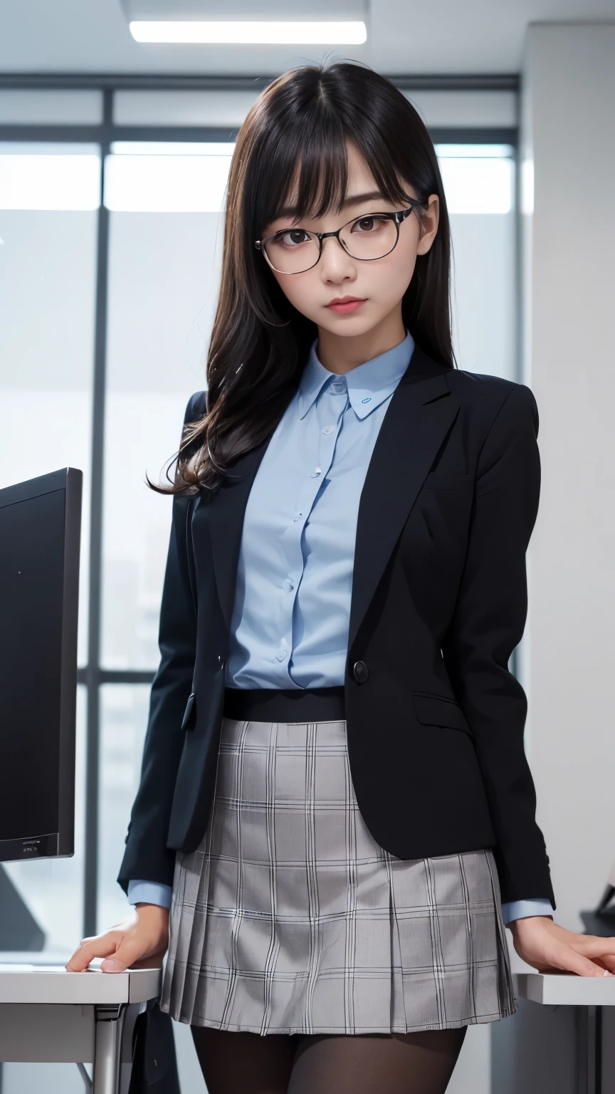 alone、solo、OL in her 20s in office uniform posing for a photo、victory、Tsundere、Single knot、OL、suit、blue mini skirt、anger、small、Glasses、slim girl model photo、physical:the smallest middle-aged man in history、female model、Japanese female fashion model、(8k、RAW photo、highest quality、masterpiece:1.2)、(real、photorealistic:1.37)、Super detailed、Ultra high definition、office Street、 standing position、whole body、((((SEXY)))