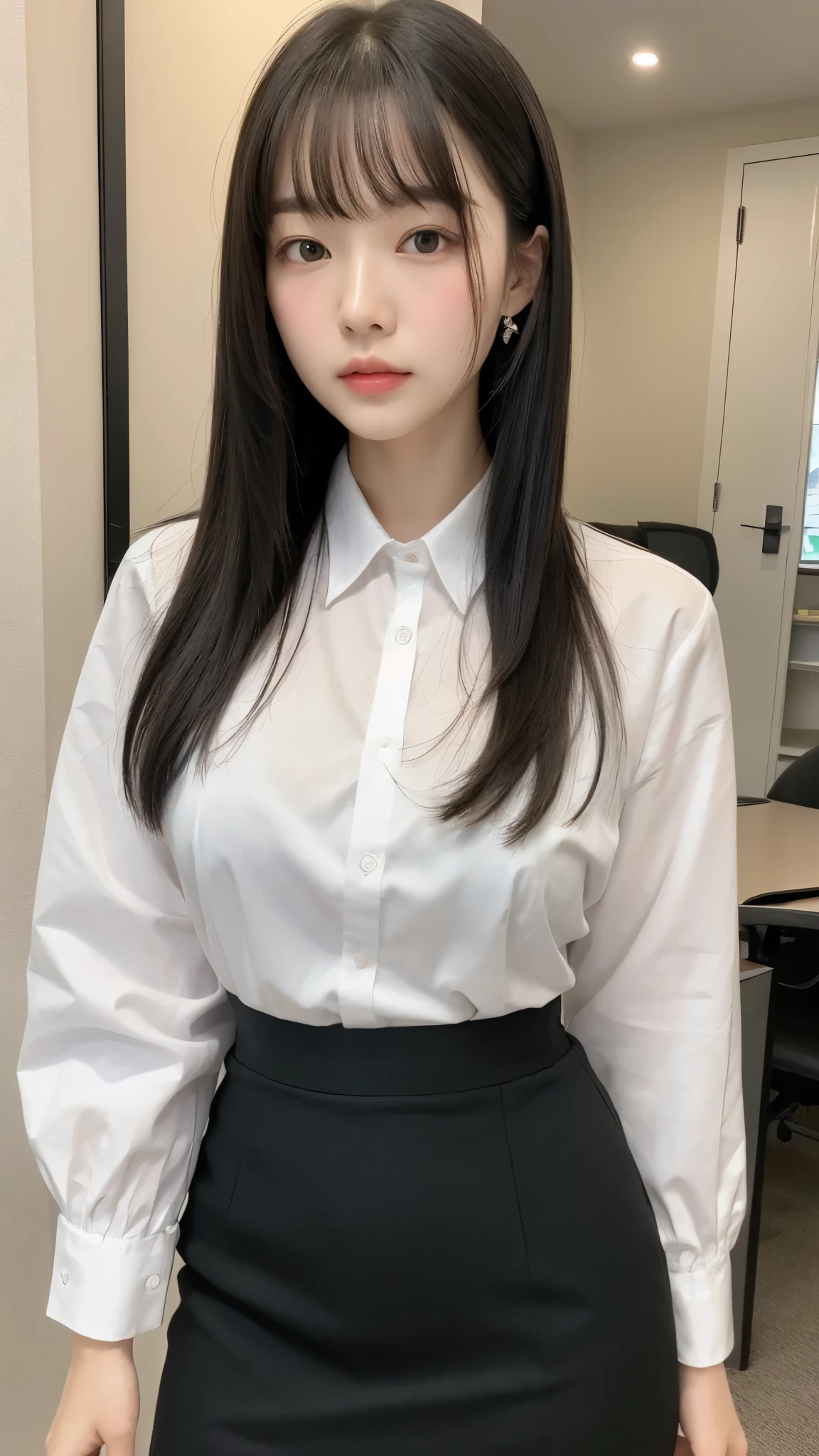 ((最 High Quality , 8k, masterpiece :1.3)), (( Super Big Breasts )), (((whole body)))、 black hair,OL、((secretary))、Office Background、 standing、 dull bangs, hair behind the ear , hair hanging over shoulders, long hair, Ultra Fine Face, Thin face, Delicate lips, beautiful eyes, Light blush,Perfect glowing skin, perfect skin, Shining Sweat,Look here, white Y shirt、 black skirt、No accessories、 first-person view, Super Details , High Quality , 最 High Quality , high resolution