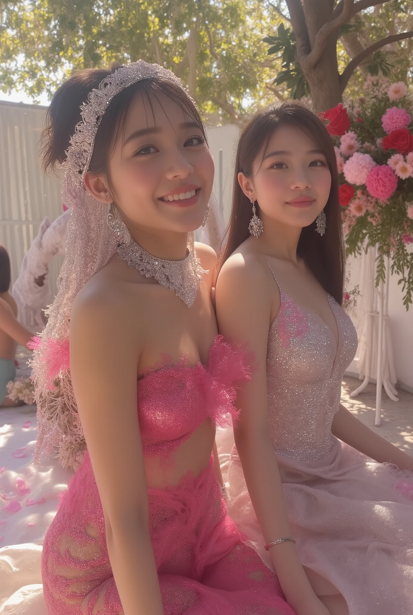 best quality , Super quality, 16k, unbelievably absurd, very detailed, , Delicate and Dynamic , Pretty woman and girlfriend , (3 sexy actresses:1.5), ( happy smile, Laughter:1.5), flashy colorful sexy party dress, great style , bouquet, steampunk, DIESEL PUNK , clock punk , cyberpunk, Glitter effect, Shiny Skin, party on a beach, bless, Flower blowing snow, (Smiles and Sunshine:1.5), ( Sunny, Dazzling Sun Light :1.5), Basking in the sunlight