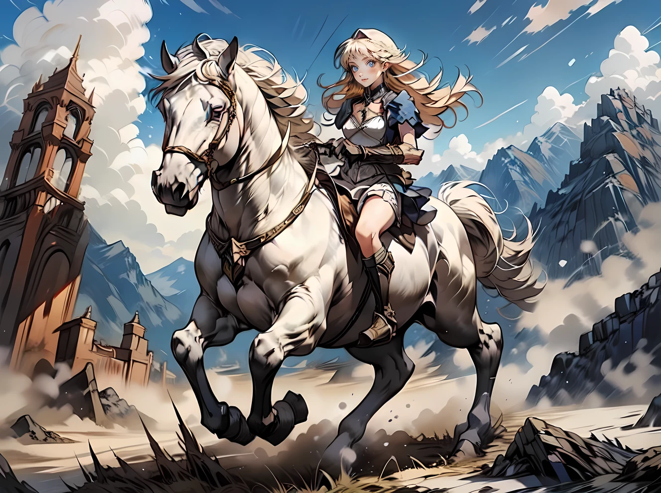 (masterpiece:1.3), (8K, best quality:1.3), Highest image quality, intricate details, high resolution, depth field, Natural light, professional lighting, BREAK, riding, horse, (((a young woman wearing in adventurer clothes watching a blue sky while riding on a HORSE)), ([long hair, blonde hair, bangs]), (dress, miniskirt, breastplate, cleavage, gauntlet, gloves, bare legs, greaves, sword on back )), BREAK, ([white horse, saddle, reins, bridle, running]), solo, (in the mountainside, mountainside, fantasy settings:1), both hand holding rein, from side: 1, anatomically correct 