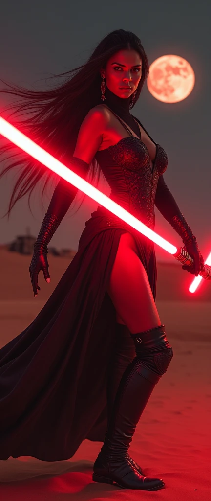 Vous avez dit :
une image Haute qualité, 8K Ultra HD avec le personnage de Joey King habillée en tenue de Sith noire, elle porte une robe longue usé, des bottes noir montant a la motier des mollets, avec un haut décolleté en v dechirer faisant appqaraitre une tres grosse poitrine dénudée, elle a les cheveux blanc flotant dans le vent, Elle a un regard menaçant., elle tiens un sabre laser de couleur orange dans la main droite celui-ci fait des etincelle sur le sol et un deuxième sabre laser de couleur violet dans la main gauche tenu droit devant, Elle se tient de trois quarts de profil en position d'attaque, Elle se trouve sur un terre rocheuse et avec un volcan en eruption et de lave autour d’elle et avec ciel tres sombre
