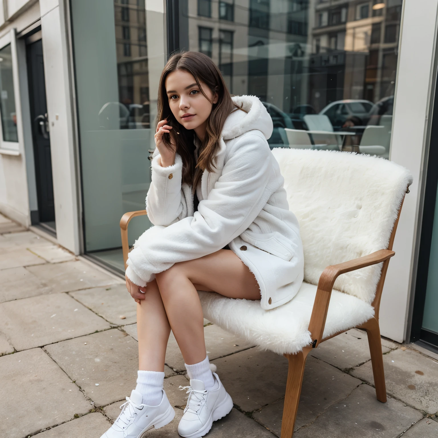 photography of a 20yo woman, perfect face, masterpiece, wearing winter clothes dress and sitting in public place , in different pose
