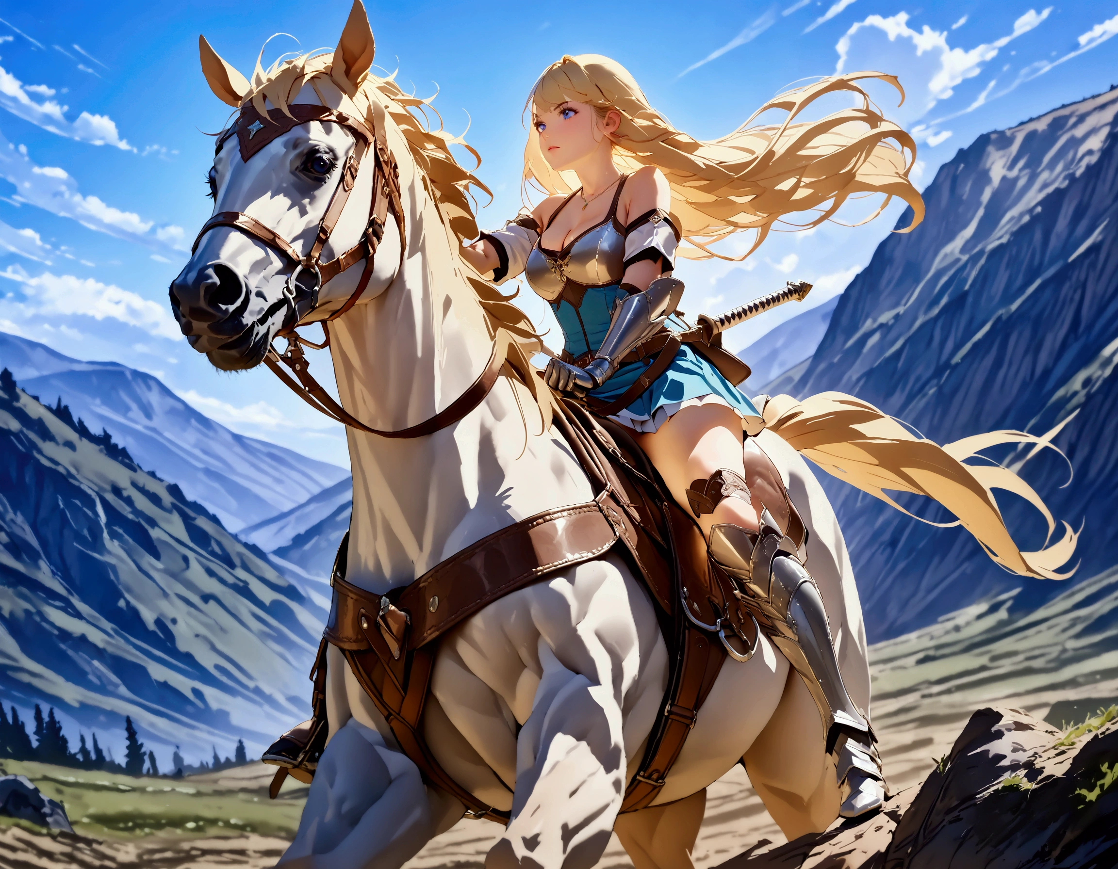 (masterpiece:1.3), (8K, best quality:1.3), Highest image quality, intricate details, high resolution, depth field, Natural light, professional lighting, BREAK, riding, horse, (((a young woman wearing in adventurer clothes watching a blue sky while riding on a HORSE)), ([long hair, blonde hair, bangs]), (dress, miniskirt, breastplate, cleavage, gauntlet, gloves, bare legs, greaves, sword on back )), BREAK, ([gray horse, black mane, saddle, reins, bridle, running]), solo, (in the mountainside, mountainside, fantasy settings:1), both hand holding rein, from side: 1, anatomically correct 