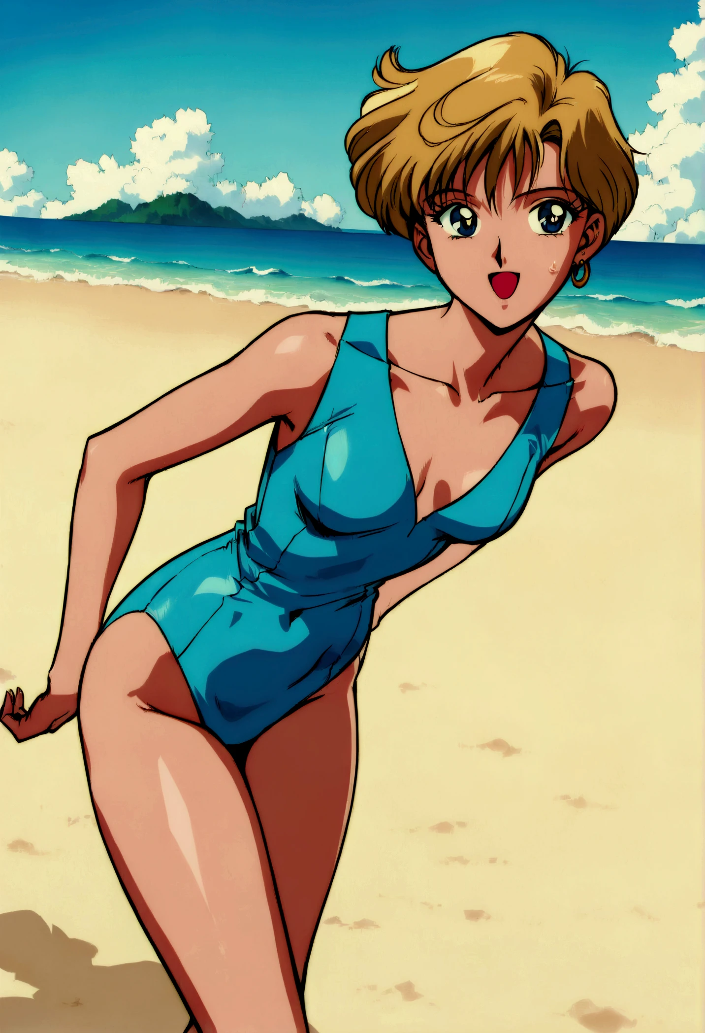 TAKADA AKEMI, PAINTING \(MEDIUM\), RETRO ARTSTYLE, TRADITIONAL MEDIA, WATERCOLOR \(MEDIUM\), 1980S \(STYLE\), (only 1 girl), ((solo)), short hair, blue eyes, blond hair, smiling, detailed eyes, Perfect features, (masterpiece), (best quality:1.4), absurdres, [:intricate details:0.2], moist skin, shiny skin, glossy skin, (masterpiece, best quality, good quality:1.4), masterpiece, intricate details, ((2 PEICE)) ((SWIMSUIT)), (LOOKING AT VIEWER), OUTDOORS, BEACH, CLOSE UP, SEXY