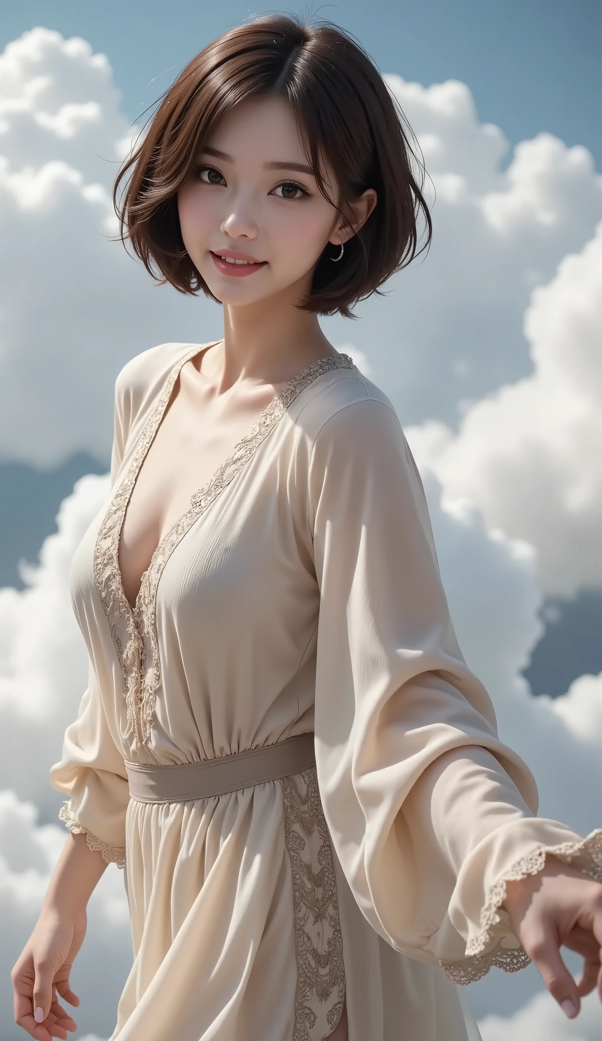 a girl ,Beautiful young woman , with short fluffy hair , Full body in the picture ,Arms and legs are in the picture, Ladies from the Tang Dynasty wear gorgeous dance dresses,DANCING IN THE CLOUDS ,Sleeves fluttering, Ultra detailed performance ,Natural light effects , realistic style , Nikon camera remote shot ,Big Boobs,Camel toe(Abalone line 、Camel Hoof)