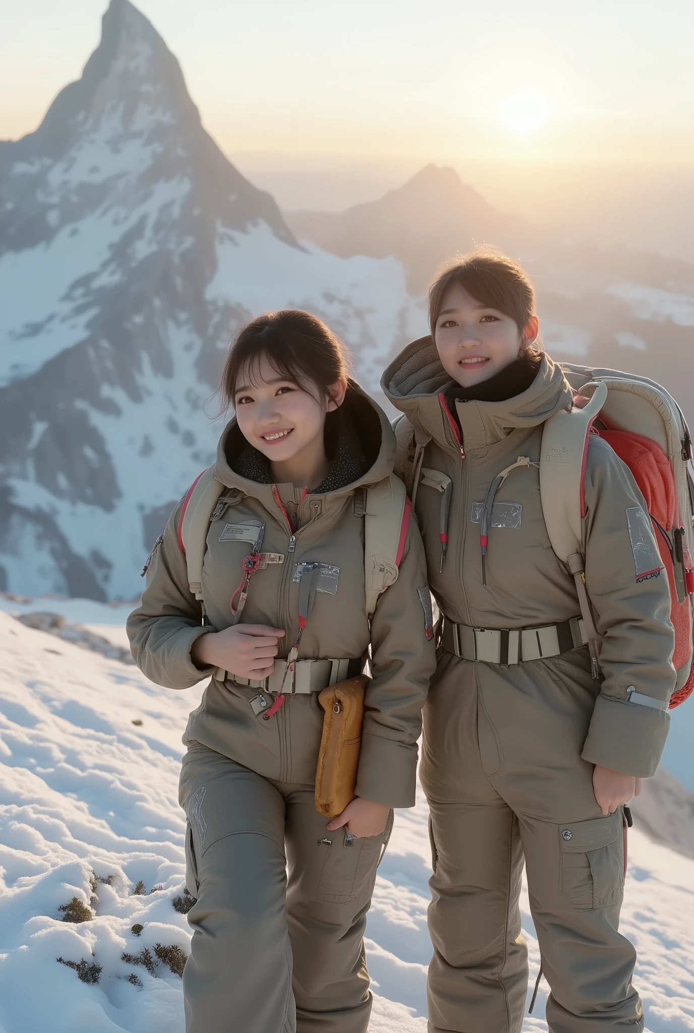 best quality , Super quality, 16k, unbelievably absurd, very detailed, , Delicate and Dynamic , Pretty woman and girlfriend , ( 3 sexy idols:1.5), ( happy smile, Laughter:1.5), (Mountaineeringの装備:1.3), Mountaineering, Summit, First Sunrise, First Sunriseを見て笑う,