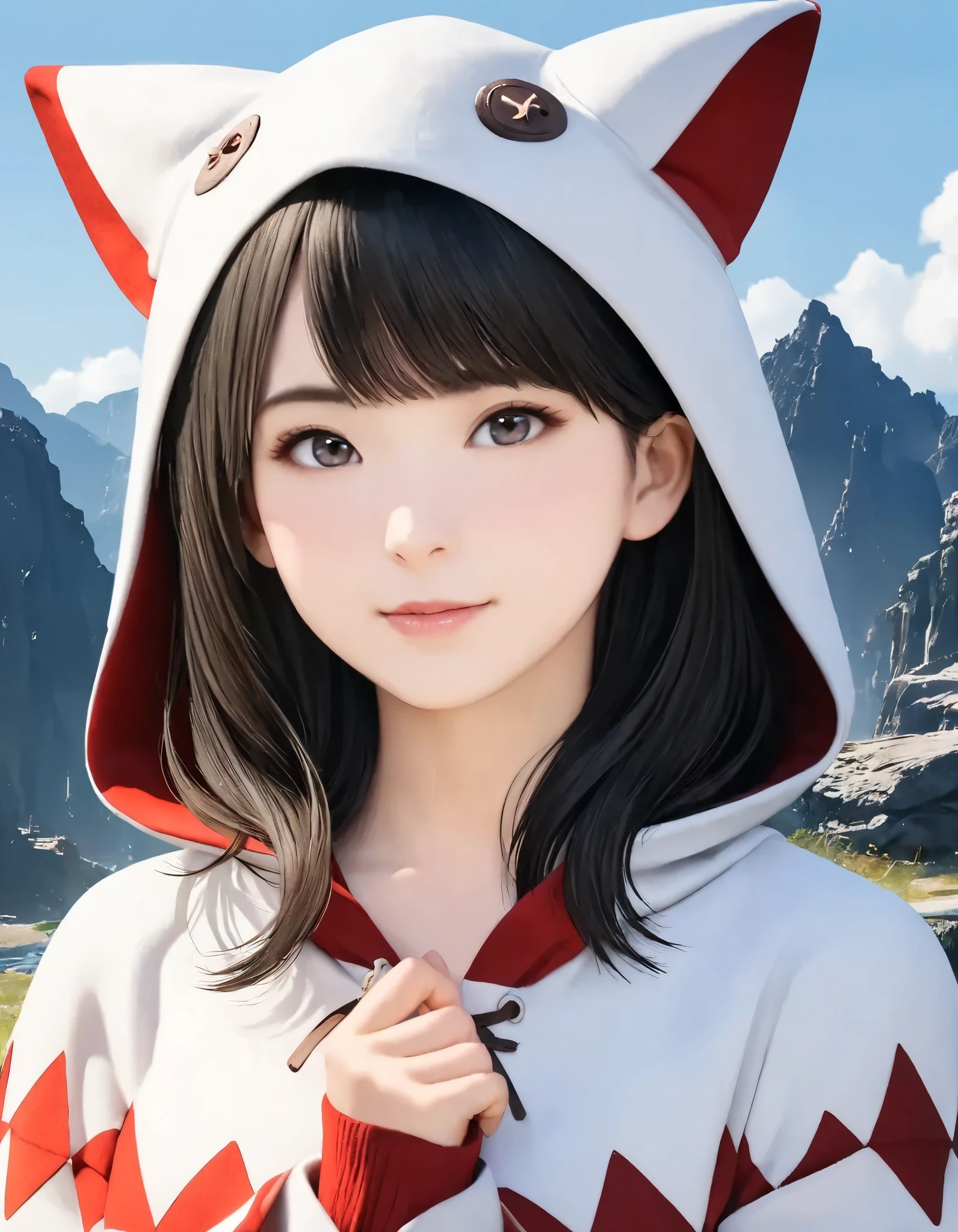 (best quality, 8k, high resolution:1.2), 1girl, Final Fantasy, White Mage, cat ear hood, upper body