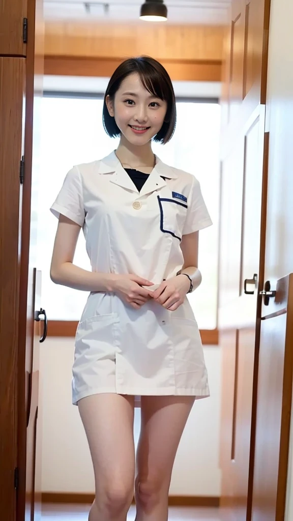 (in 8K, top-quality, a masterpiece of:1.2), (realisitic, Photorealsitic:1.37), ultra-detailliert, small tits、Skinny face、Mature look、de pele branca、nurse、Suppin、Narrow slit eyes、Small eyes、Small, Narrow eyes、30-years old,独奏,Nasal blush、A smile、a closed mouth、tiny chest、Delicate body、Black eyes、beatiful detailed eyes、Single eyelid、poneyTail、A dark-haired 、short cut hair、fullllbody、Skinny Legs、Manteau blanc、nurse、see -through、White blouse