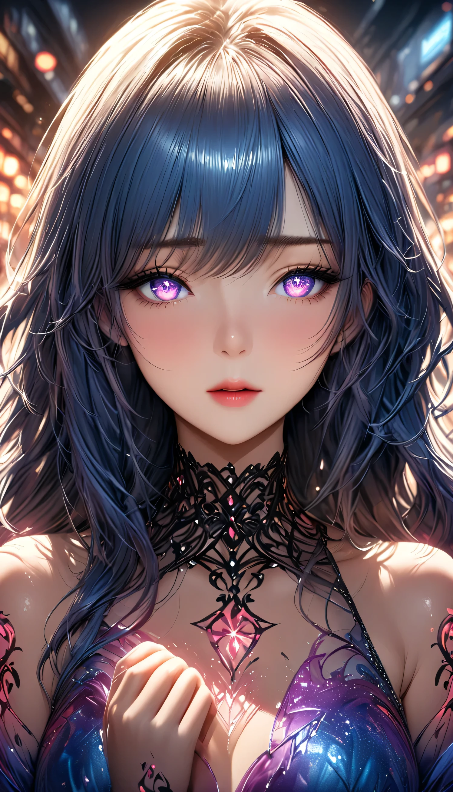 anime、 artistic animated illustration of a woman with a glowing neon geometric dragon tattoo all over her body and face。Arm and leg tattoos、The mix of red, purple, and fire 。、Emits neon light。She has been a long time, Flowing Hair。、、This scene、 has a dreamy soft focus effect 。、 highlights the dreamy glow of the tattoo .。、Back of the hand、beautiful blue hair、masterpiece,best quality,ultra detailed,high-resolution,8k portrait,unity 8k wallpaper,extremely detailed CG unity 8k wallpaper,Focus on the young woman's eyes, making them glow with a vivid and captivating light. Her large, expressive eyes shimmer with an ethereal glow, reflecting the soft light of the sunset and the distant city lights. The irises are a brilliant shade of sapphire blue, with subtle hints of purple that catch the light at different angles, giving them a luminous, otherworldly quality. Her gaze is intense yet calm, drawing attention to the delicate glow in her eyes, as if they hold a deep, untold story. The soft glow of her eyes contrasts with the darker, muted tones of her surroundings, making them the focal point of the scene.