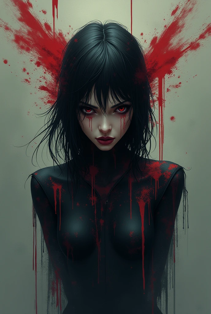 bs, solo, simple background, monochrome, hot body, greyscale, bodysuit, black background, 1other, monster, arms at sides, horror (theme) there is a large-breasted woman in the picture with her arms torn off and her face bleeding, ravens flying in the background, stocking, hot lingerie, big round boobies, red paint splatted on it, white hair