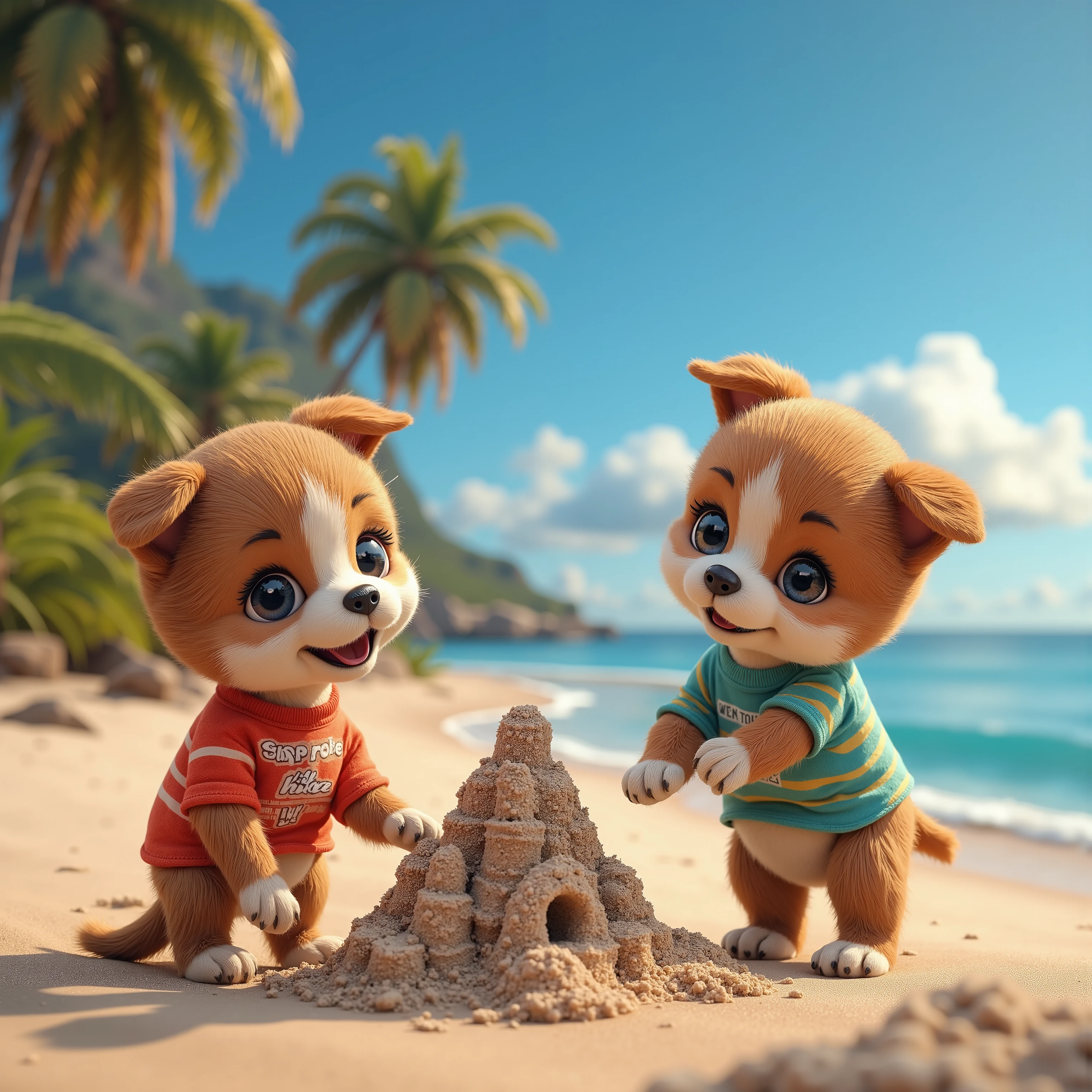 baby dog drawn in size 25,2 adorable baby dogs ,sea, puppies making sand castles on a sandy beach, blue sky,Detailed and realistic coat ,Puppies are wearing T-shirts , background is a beach, realistic dog standing on 2 legs with palm trees planted, eyes are like beautiful marbles