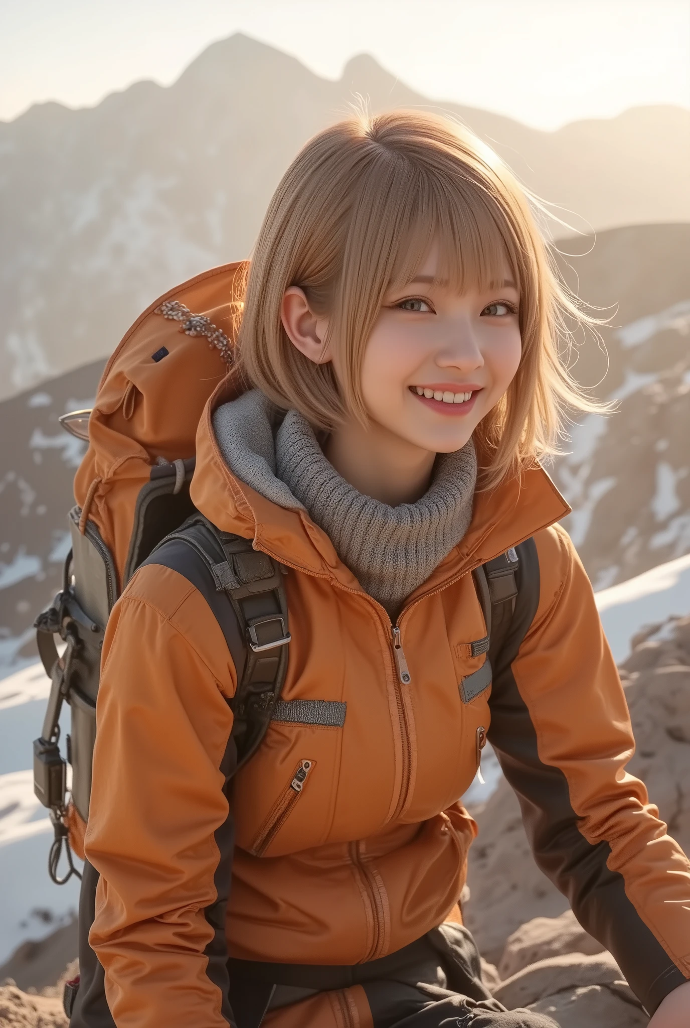  best quality , Super quality, 16k,  unbelievably absurd,  very detailed, ,  Delicate and Dynamic , Pretty woman and girlfriend , (3 actresses:1.5), ( happy smile, Laughter:1.5), (Mountaineeringの装備:1.3), Mountaineering, Summit,  First Sunrise,  First Sunriseを見て笑う, 