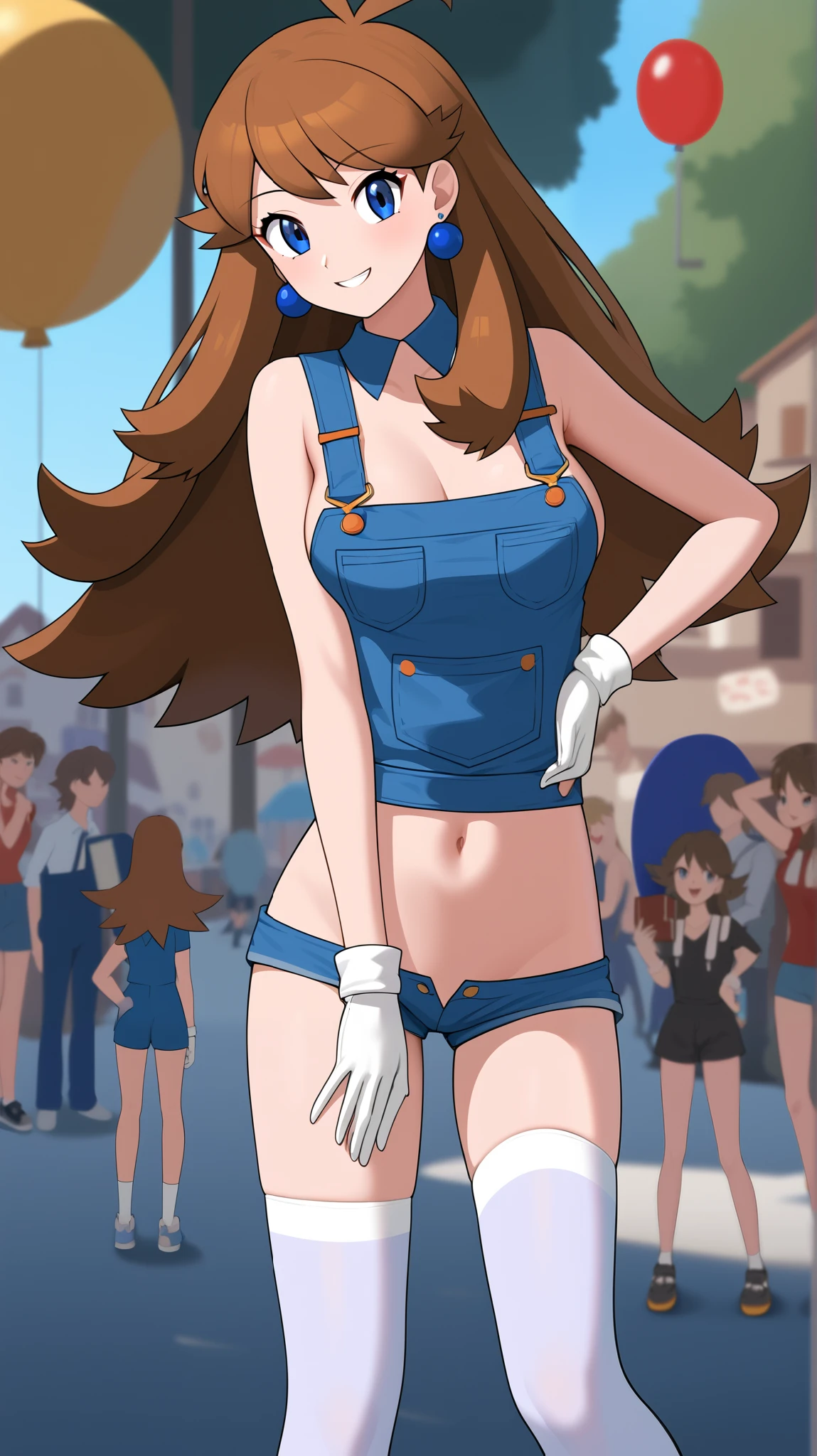 (( best quality )), ((masterpiece)), (( Details)),  1girl , Two legs, two arms,  orange brown hair color,  long hair,  blue eyes, red long sleeve shirt , blue shorts overalls,  white knee-high stockings reflective on glass floors,  absolute domain, orange laces ,  blue earrings,  sexy smile,  seductive smile,  Audience , Place one hand on hip,  Tall,  Anime Coloring Book, 1 Female, Age 18, Three idiot hairs ,  with bangs, whole body,  slim figure, Ample breasts, town, (\ Pokémon\), Two legs, two arms,  score_9,  score_8_Excellent,  score_7_Excellent,  score_6_Excellent,  source_Anime,  cell shading,  flat color, vector,