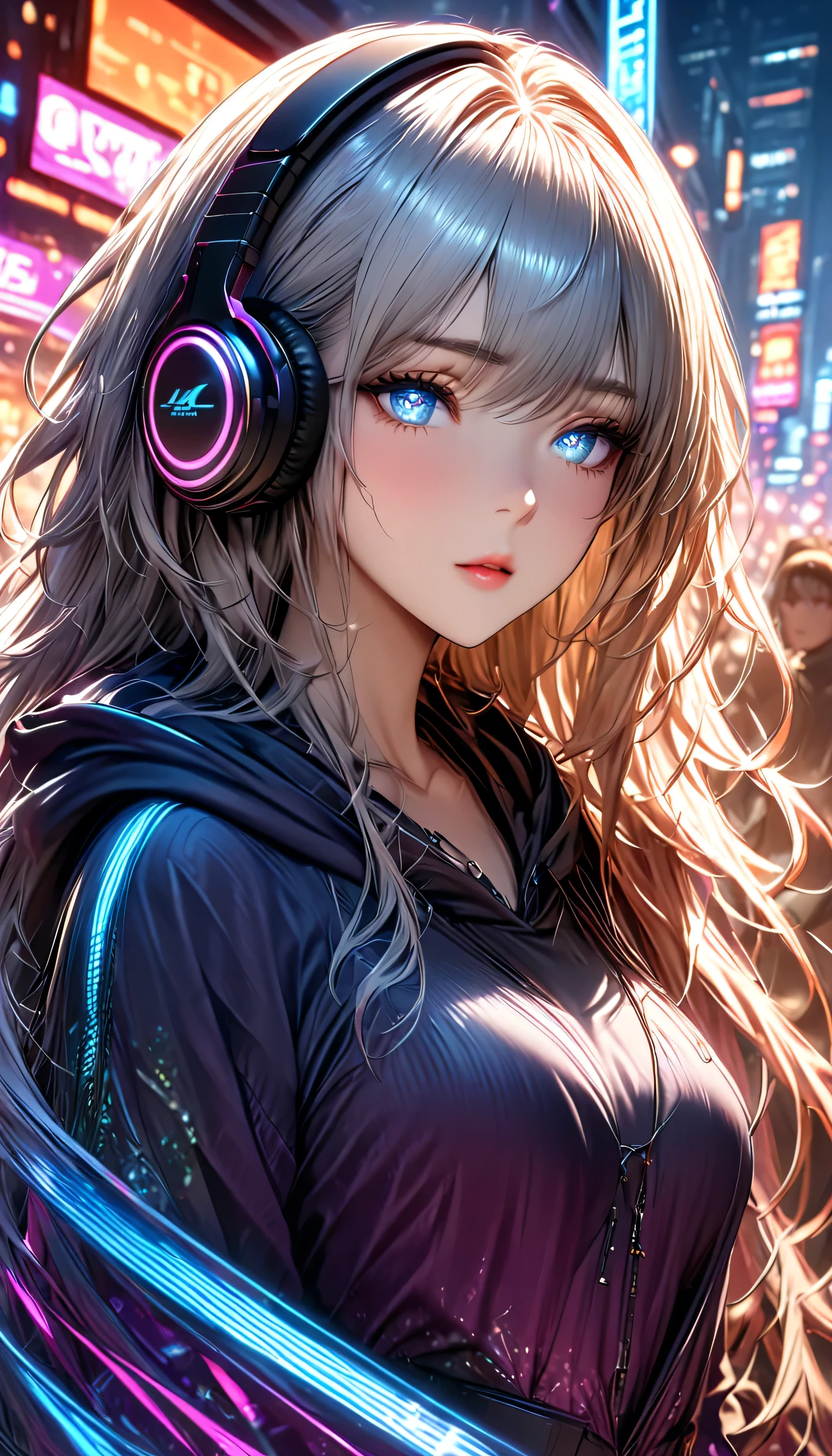 A vibrant cyberpunk city at night, featuring a young woman with bright blue eyes and short, wavy silver hair. She wears oversized headphones glowing with blue neon lights that match the futuristic atmosphere around her. Her clothing is a dark hoodie with reflective blue accents, adding to the high-tech aesthetic. The cityscape in the background is illuminated by the glow of neon signs, billboards, and towering buildings with sharp edges, creating a bustling and electric atmosphere. Her gaze is intense, and the lighting creates a striking contrast on her face, highlighting the futuristic theme of the scene. The overall color scheme is dominated by cool blues and purples, with occasional flashes of orange light reflecting off her clothing and hair. A sense of energy and motion is conveyed through the glowing cables running from her headphones and the soft blur of lights in the background, making the scene feel dynamic and alive,Focus on the young woman's eyes, making them glow with a vivid and captivating light. Her large, expressive eyes shimmer with an ethereal glow, reflecting the soft light of the sunset and the distant city lights. The irises are a brilliant shade of sapphire blue, with subtle hints of purple that catch the light at different angles, giving them a luminous, otherworldly quality. Her gaze is intense yet calm, drawing attention to the delicate glow in her eyes, as if they hold a deep, untold story. The soft glow of her eyes contrasts with the darker, muted tones of her surroundings, making them the focal point of the scene,masterpiece,best quality,ultra detailed,high-resolution,8k portrait,unity 8k wallpaper,extremely detailed CG unity 8k wallpaper