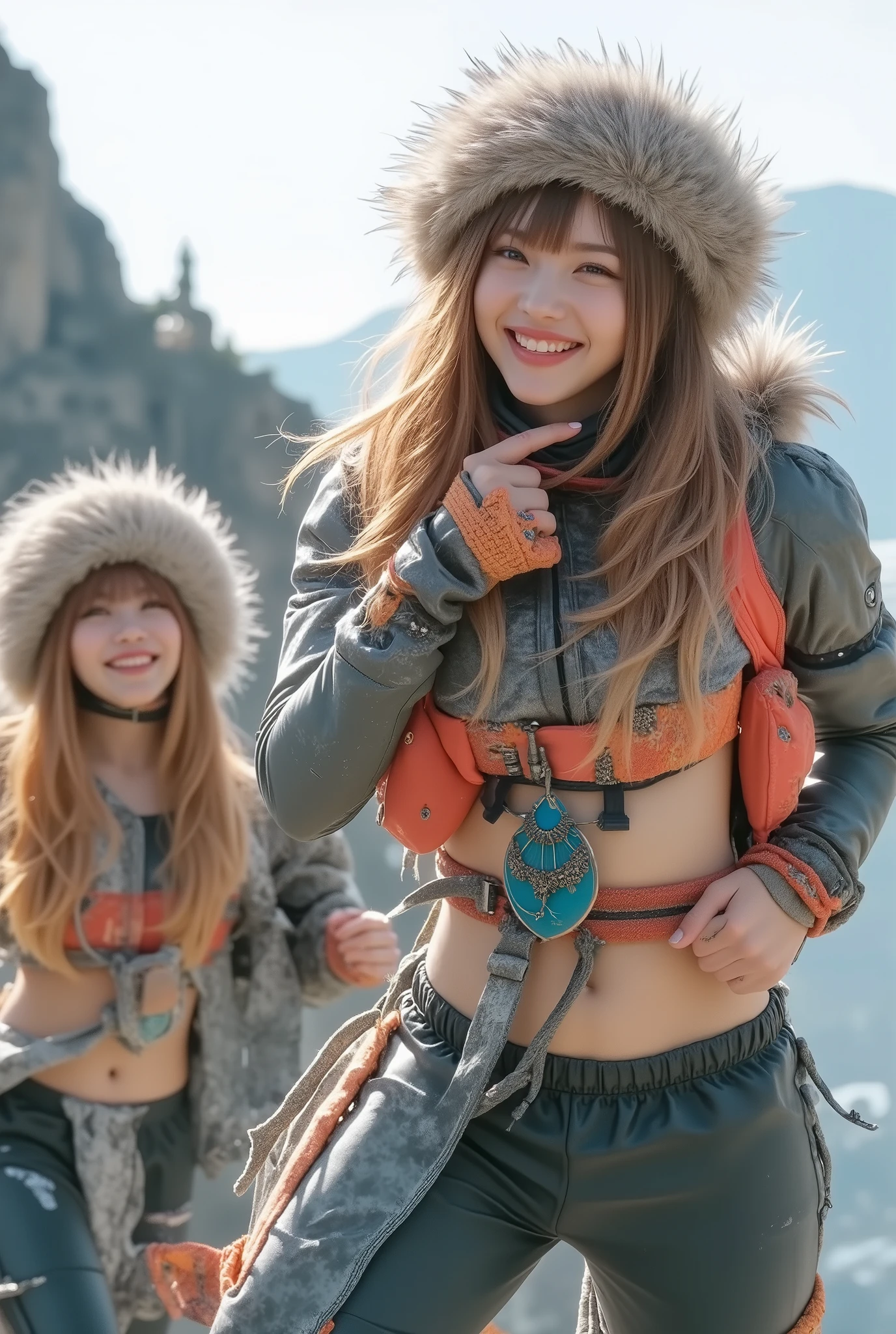 best quality , Super quality, 16k, unbelievably absurd, very detailed, , Delicate and Dynamic , Pretty woman and girlfriend , (3 actresses:1.5), ( happy smile, Laughter:1.5), (Mountaineeringの装備:1.3), Mountaineering, Summit, First Sunrise, First Sunriseを見て笑う,