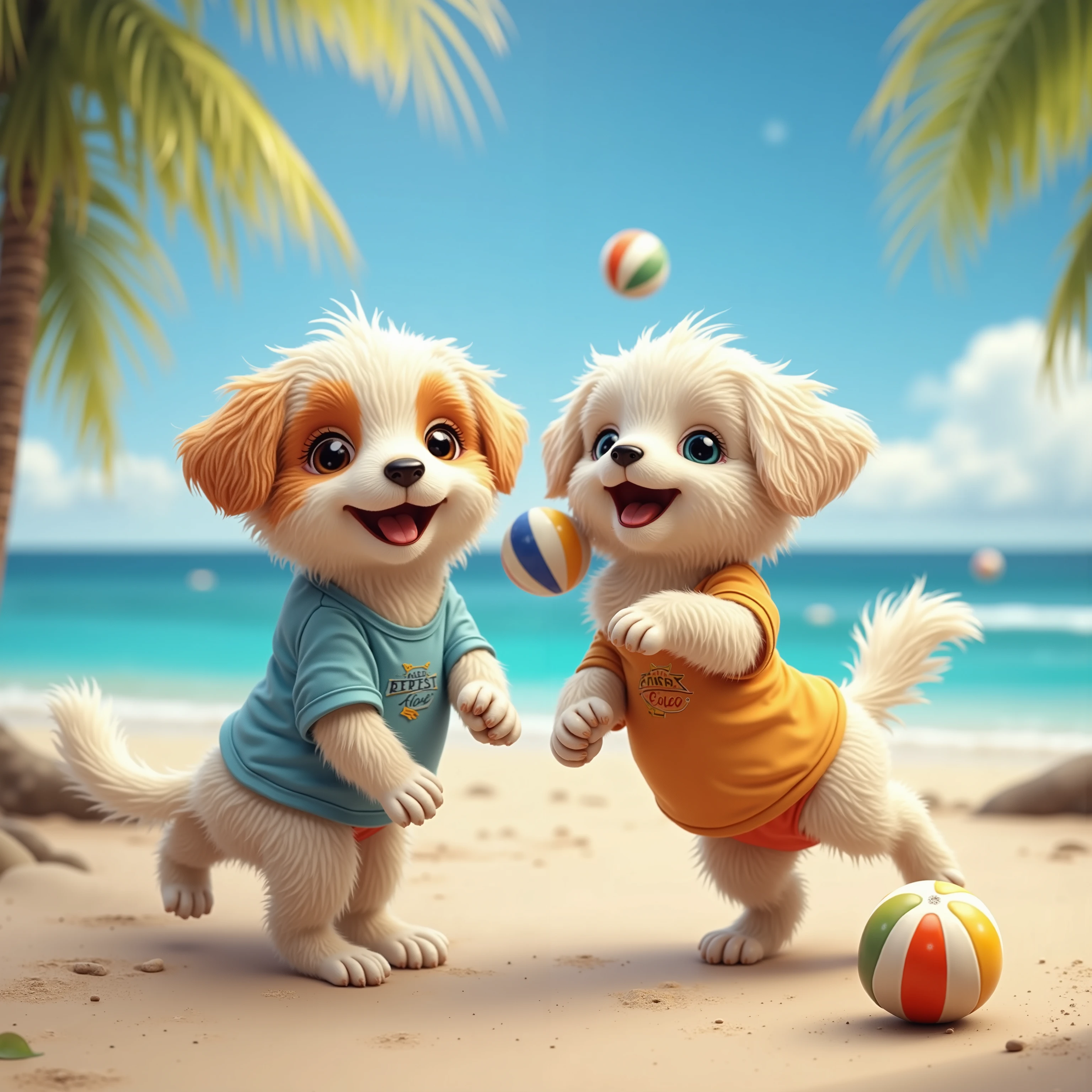 dog drawn in size 25,2 adorable babys , puppies playing with beach balls in the ocean, blue sky,Detailed and realistic coat ,Puppies wearing t-shirts , background is a beach, realistic dog standing on 2 legs with palm trees planted, eyes are like beautiful marbles