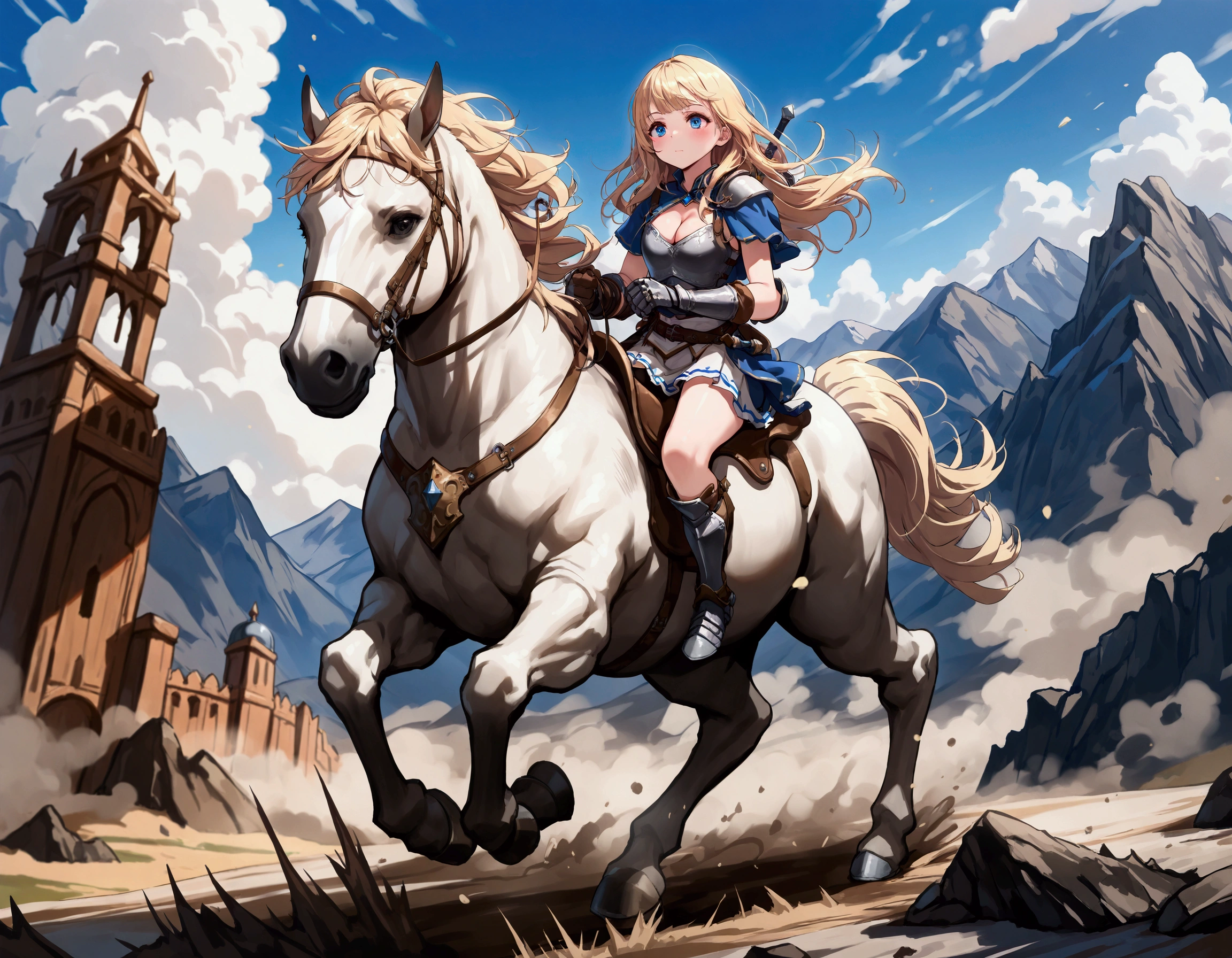 (masterpiece:1.3), (8K, best quality:1.3), Highest image quality, intricate details, high resolution, depth field, Natural light, professional lighting, BREAK, riding, horse, (((a young woman wearing in adventurer clothes watching a blue sky while riding on a HORSE)), ([long hair, blonde hair, bangs]), (dress, miniskirt, breastplate, cleavage, gauntlet, gloves, bare legs, greaves, sword on back )), BREAK, ([white horse, saddle, reins, bridle, running]), solo, (in the mountainside, mountainside, fantasy settings:1), both hand holding rein, from side: 1, anatomically correct 
