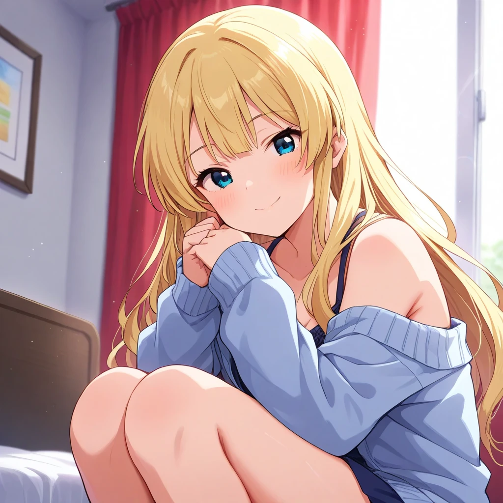 Safe for work, masterpiece, best quality, solo, 1 girl, (young female body:1.4), ( medium small breasts), slender legs, golden yellow hair, extra long hair, blunt bangs, crystal blue eyes, very detailed eyes, inside livingroom, cozy background, pink knitted sweater, white pleated skirt, white knee high socks, sitting down, smiling shyly, white skirt, pink sweater, light pink knitted pullover, white cute skirt, lying down, lying sideways