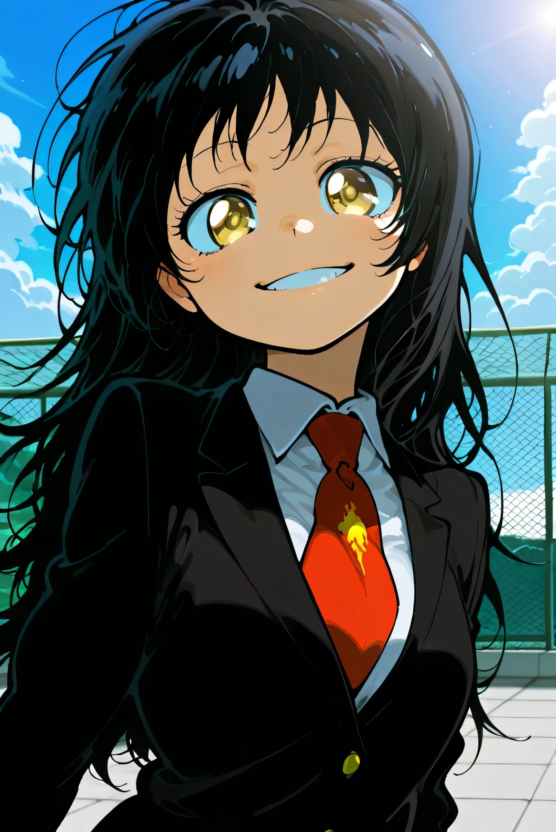1 female from anime hitman reborn, anime hitman reborn style, 1 female, long black hair, bright golden eyes, anime hitman reborn series style, , cute, smiling, School rooftop, half , cute friendly pose
