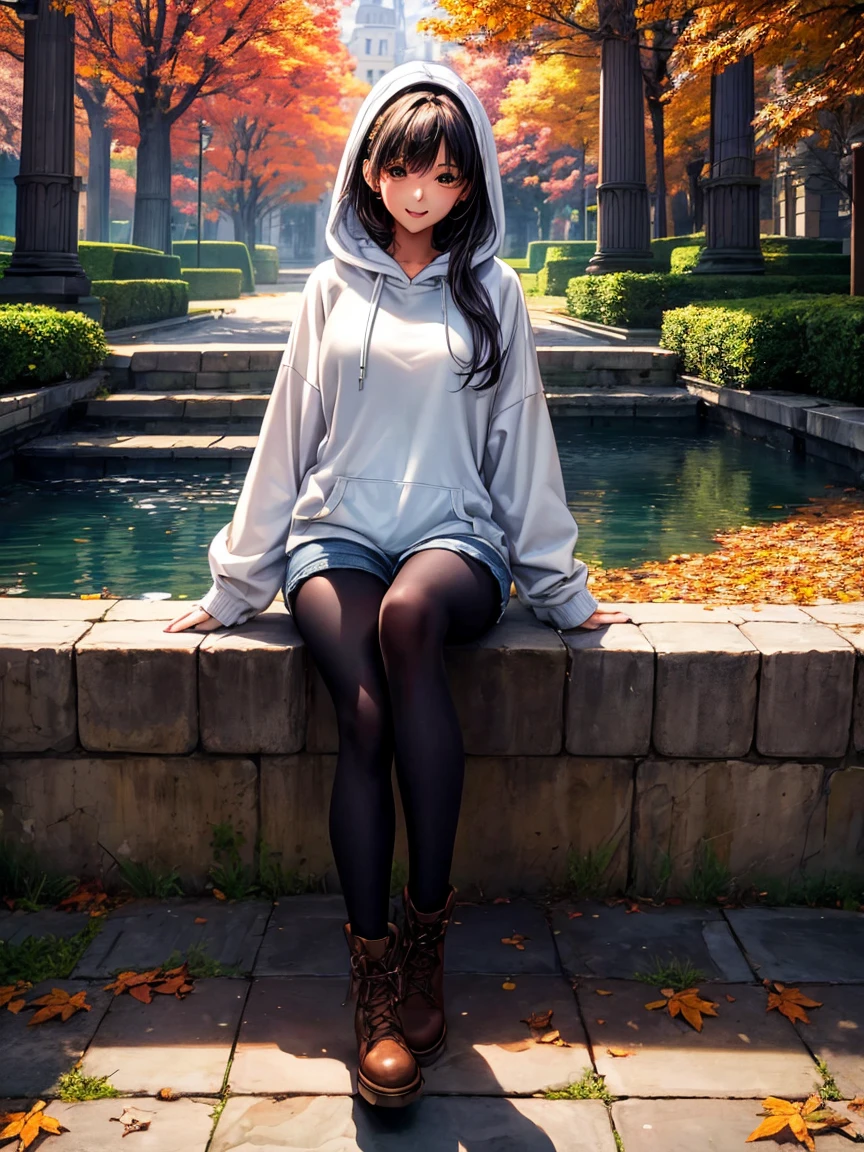 (alta qualidade, high resolution, ultra-detalhado, Realistic:1.37), ambiente tranquilo, (Ao ar livre, Jardim), Adolescente sozinha, belos recursos detalhados, sorriso bonito, (cabelo preto bob), white ribbed sweater, saia xadrez azul, black tights, white sneakers.