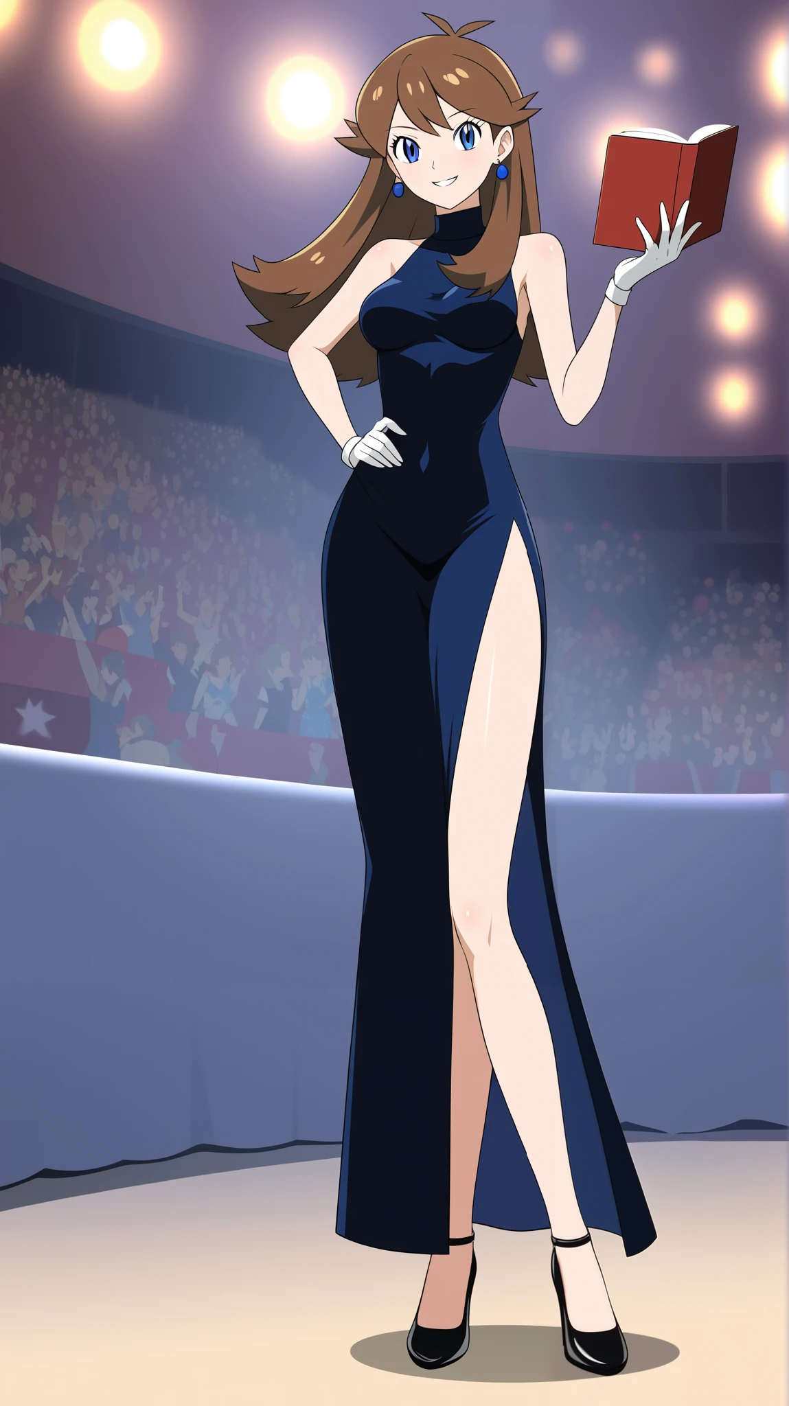 (( best quality )), ((masterpiece)), (( Details)), Two legs, two arms, 1girl , orange brown hair color, long hair, blue eyes, Long Slit Dress , beautiful feet, thighs,
Black High Heels , blue earrings, sexy smile, seductive smile, Audience , Place one hand on hip, standing, Tall, Anime Coloring Book, 1 Female, Age 18, Three idiot hairs , with bangs, whole body, slim figure, Ample breasts, town, (\ Pokémon\), score_9, score_8_Excellent, score_7_Excellent, score_6_Excellent, source_Anime, cell shading, flat color, vector,