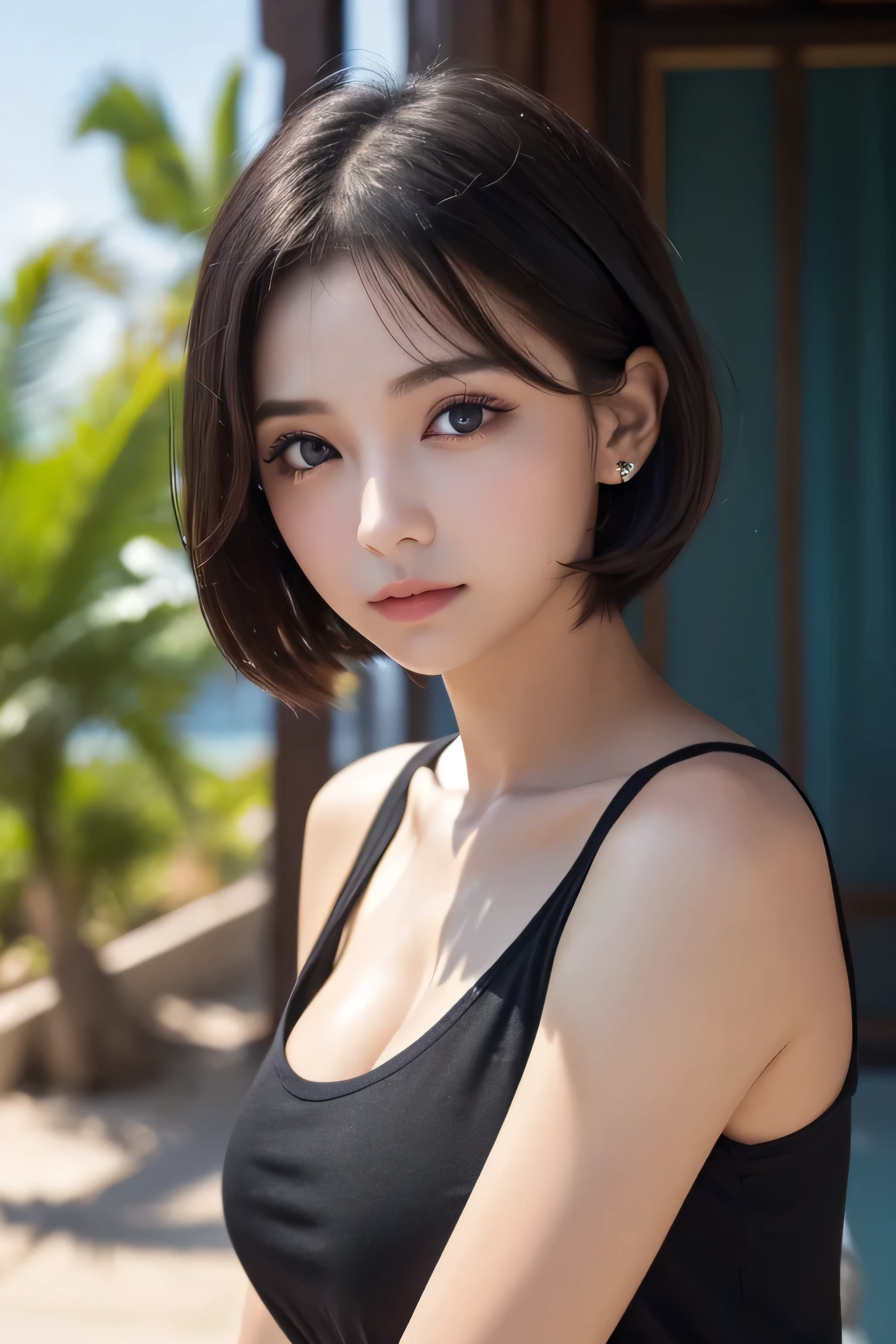 ((top-quality、8K、​masterpiece: 1.erfect Body Beauty: 1.4、Slender Abs: 1.2、Beautiful woman with slender abs:1.3、(Highlight Haircutreast B Cup:1.2), medium breast, round shape breast, perfect shape breast, (silk dress, push-up bra) necklace, hyperdetailed face、18year old、 Pretty women、(Dark brown short-cut hair), Slim Face、Highly detailed facial and skin texture、very detailed lips、opens legs、top-quality、​masterpiece、超A high resolution、(Photorealsitic:1.4), long shot , standing open legs, (in park with blur background), bright background, sunset light,
