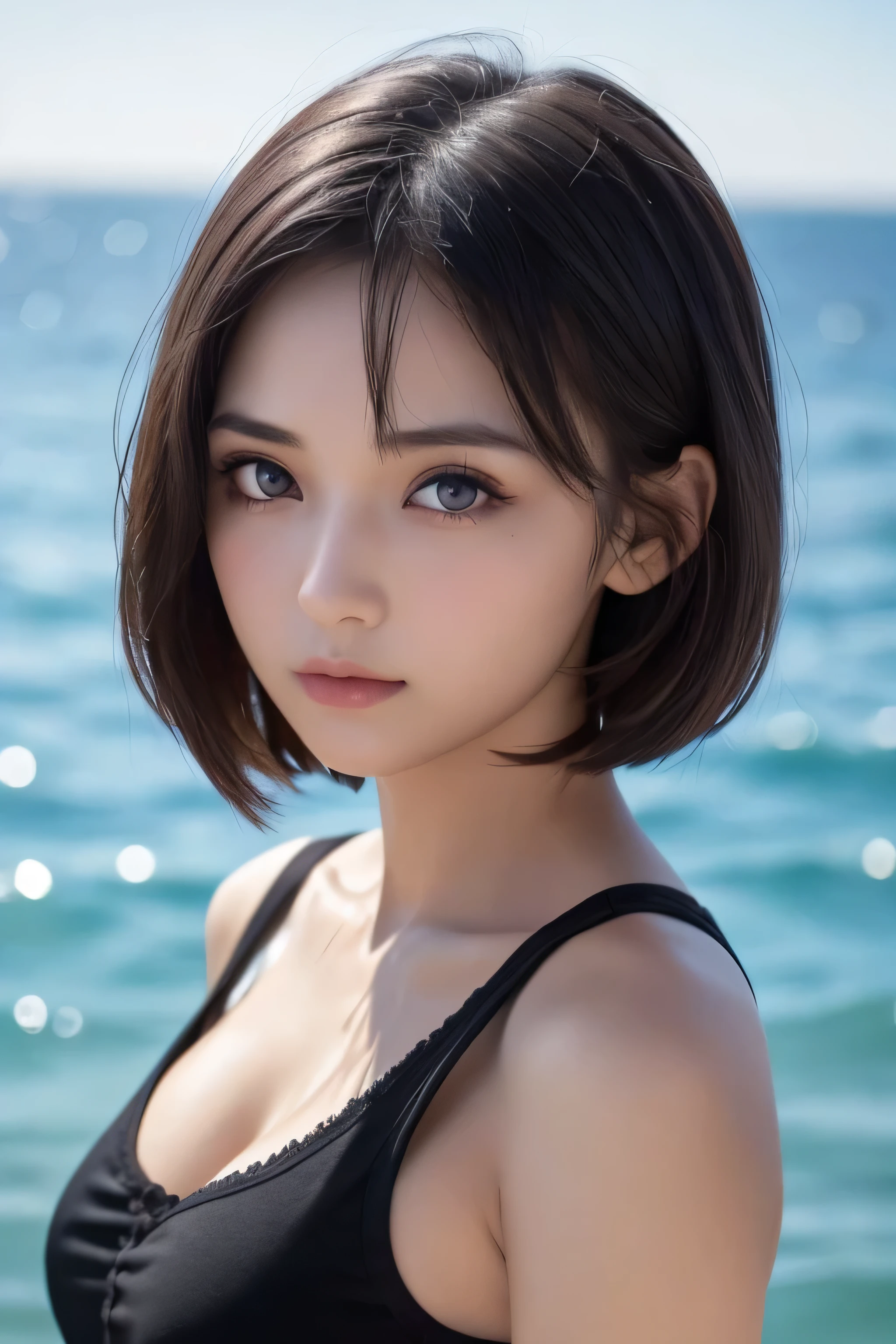 (best quality, masterpiece, ultra detailed, ultra high res, photorealistic, raw photo, absurdres, absolutely resolution), finely detailed hair texture, intricate cloth texture, anatomically accurate, golden ratio,
BREAK
(1 kawaii Female), ultra Beautiful Female,
BREAK
super fucking beautiful detailed face, natural makeup, captivating detailed eyes, symmetric eyes, light brown eyes, double eyelids, thin eyebrows, glossy lips,
BREAK
short bob cut, dark brown hair, bangs,
BREAK
face waiting for kiss, blush,
BREAK
(generous cleavage, oversized Breasts:1.3), beautiful and perfect female form, elegant hands, highly detailed and realistic pale skin,
BREAK
Striped-micro bikini:1.3,
BREAK
Seductive pose,
BREAK
sandy beach, sea, summer, sunny