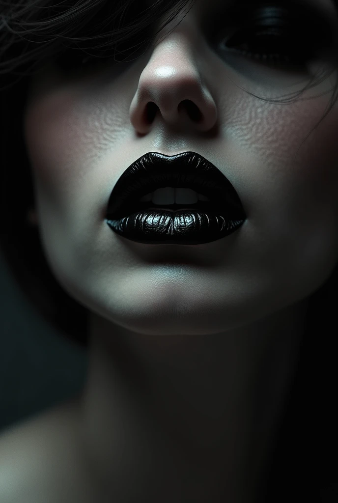 a woman with long hair and a black lip is posing, slicked black hair, perfect symmetrical face!, symmetry!! portrait of a woman, beautiful face + symmetry face, gorgeous symmetrical face, lovely and symmetrical face, sultry expression, “ sensual, dark lips, dark hair and makeup, beautiful shape of face and body, beautiful and symmetrical face