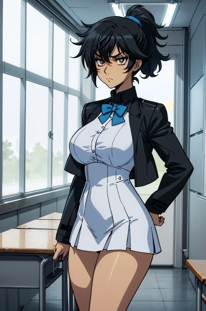 closed mouth, (), ((1girl)), (((genderbend))), (((female))), wide hips, thick thighs, huge breast, narrow waist, ((school uniform)), ((white shirt)), ((blue bowtie)), ((school full of people)) (black short skirts), (((black jacket))), ((anime artstyle)), long eyelashes, long black hair, bored , (((at day))), ((ponytail))