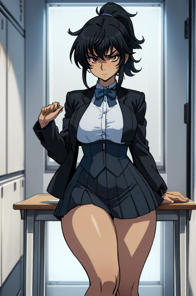 closed mouth, (), ((1girl)), (((genderbend))), (((female))), wide hips, thick thighs, huge breast, narrow waist, ((school uniform)), ((white shirt)), ((blue bowtie)), ((school full of people)) (black short skirts), (((black jacket))), ((anime artstyle)), long eyelashes, long black hair, bored , (((at day)))