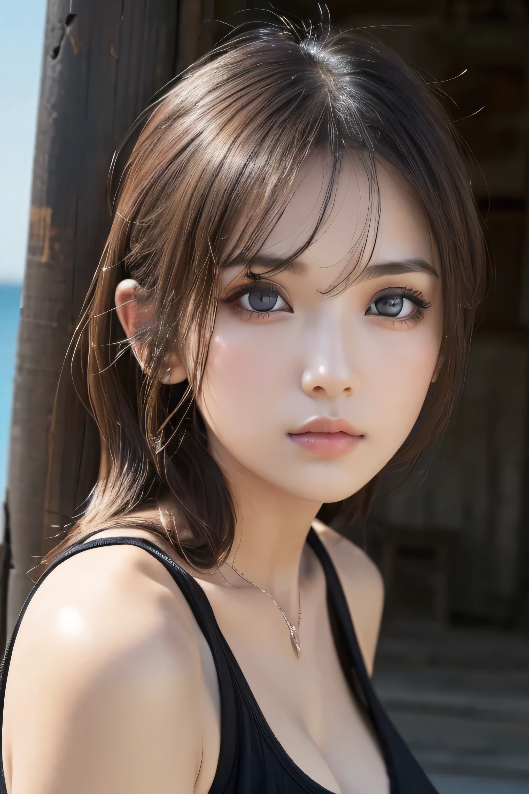 {{NSFW}},((highest quality、In 8K、master piece:1.1))、fisheye lens 、1 woman、Cute 20 year old woman、Transparent white skin、delicate and beautiful skin、human-like skin、realistic skin feel、bun hair、Bun cut、tie hair on top of head、short hair、short hair、複雑な色hair of、complicated hairstyle、gloss々hair of、Tie your hair to the side、、Forehead、two block、Sheared hair、ear length hair、Put out both ears、Looking at the camera、look at camera、raise your chin slightly、double big eyes、super delicate eyes、super detailed face、high detailed lips、thick lips、Emphasize the face、cool woman、strong woman、Above the chest、Slender body,covered erect nipples,shiny skin,Take a full body photo、feminine toned body、Wild Lady、desert、荒れた荒野に立つWild Lady、military clothing、dirty with dirt or sand、the wind is strong、Hair disheveled by the wind、