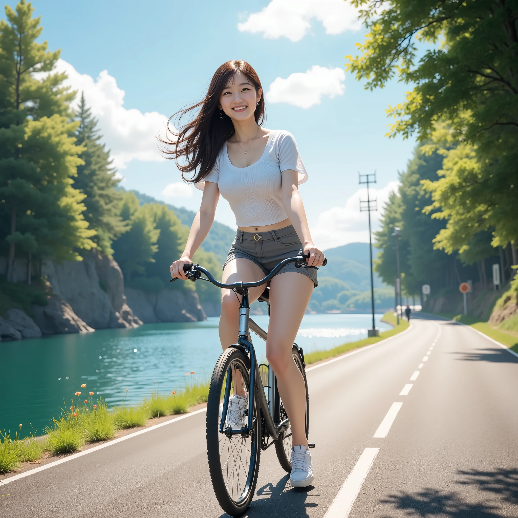 A 25-year-old Japanese high school girl, of exceptional beauty, with pale white skin, a voluptuous figure, , and slender legs, is wearing a slightly  shirt and a short gray skirt, paired with sneakers. She is smiling widely with a look of great happiness, riding a bicycle on a road by a river. The road is lined with trees, and the scene is bathed in bright sunlight against a clear blue sky with a few clouds. The atmosphere is reminiscent of Japan, and there is a reflection on the surface of the river., bloom, reflection light, ray tracing, glowing light, sparkle, god rays, from below, wide shot, Wide-Angle, UHD, retina, masterpiece, accurate, anatomically correct, textured skin, super detail, high details, high quality, award winning, best quality, highres, HD, 4K, 8k
