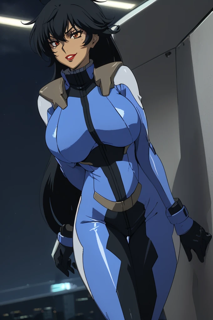 (work of art, Best quality, absurd, 4K, aesthetics, perfect eyes, perfect face, detailed, intricate, Perfect Lighting) 1 girl with fair skin, long dark hair, wears a futuristic dark blue and white bodysuit, heroine, queen of an alien race, warrior, gentle smile, perfect body